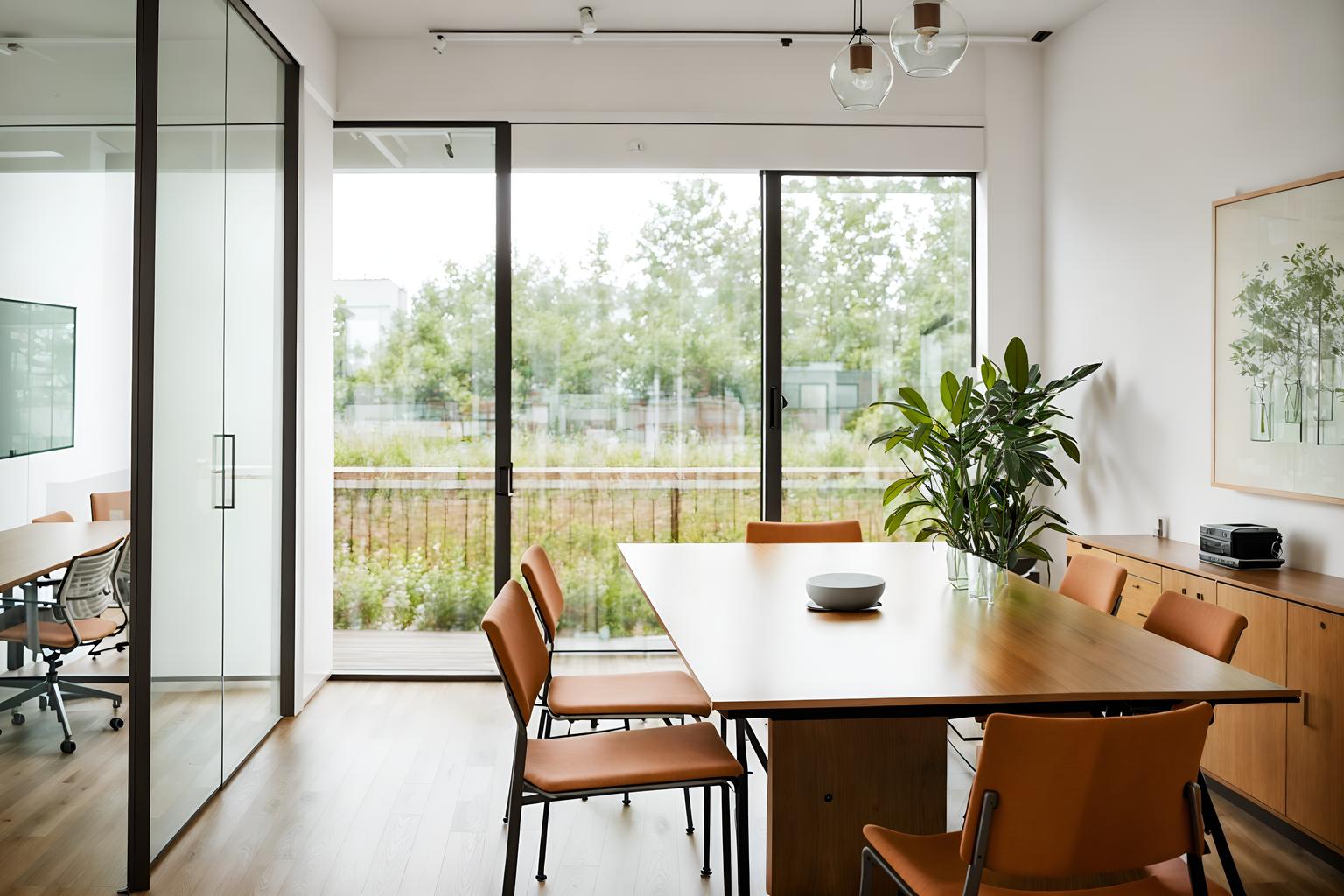 airbnb-style (meeting room interior) with glass walls and cabinets and plant and office chairs and glass doors and boardroom table and painting or photo on wall and vase. . with natural materials and elements and simple, clean lines and simplistic furniture and scandinavian style and open and natural lighting and neutral walls and textures and practicality and functionality and simple color palette and natural materials and elements. . cinematic photo, highly detailed, cinematic lighting, ultra-detailed, ultrarealistic, photorealism, 8k. airbnb interior design style. masterpiece, cinematic light, ultrarealistic+, photorealistic+, 8k, raw photo, realistic, sharp focus on eyes, (symmetrical eyes), (intact eyes), hyperrealistic, highest quality, best quality, , highly detailed, masterpiece, best quality, extremely detailed 8k wallpaper, masterpiece, best quality, ultra-detailed, best shadow, detailed background, detailed face, detailed eyes, high contrast, best illumination, detailed face, dulux, caustic, dynamic angle, detailed glow. dramatic lighting. highly detailed, insanely detailed hair, symmetrical, intricate details, professionally retouched, 8k high definition. strong bokeh. award winning photo.