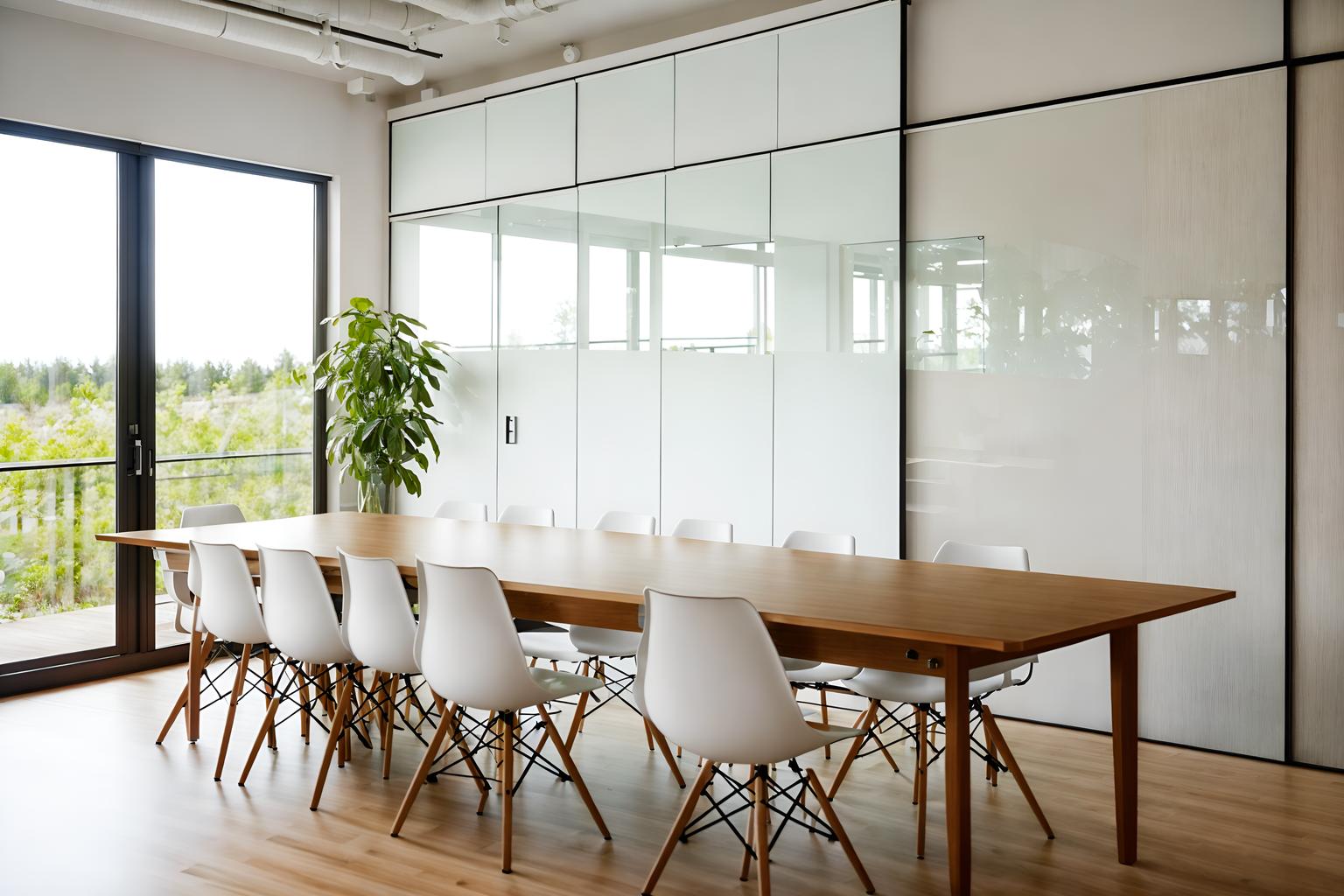 airbnb-style (meeting room interior) with glass walls and cabinets and plant and office chairs and glass doors and boardroom table and painting or photo on wall and vase. . with natural materials and elements and simple, clean lines and simplistic furniture and scandinavian style and open and natural lighting and neutral walls and textures and practicality and functionality and simple color palette and natural materials and elements. . cinematic photo, highly detailed, cinematic lighting, ultra-detailed, ultrarealistic, photorealism, 8k. airbnb interior design style. masterpiece, cinematic light, ultrarealistic+, photorealistic+, 8k, raw photo, realistic, sharp focus on eyes, (symmetrical eyes), (intact eyes), hyperrealistic, highest quality, best quality, , highly detailed, masterpiece, best quality, extremely detailed 8k wallpaper, masterpiece, best quality, ultra-detailed, best shadow, detailed background, detailed face, detailed eyes, high contrast, best illumination, detailed face, dulux, caustic, dynamic angle, detailed glow. dramatic lighting. highly detailed, insanely detailed hair, symmetrical, intricate details, professionally retouched, 8k high definition. strong bokeh. award winning photo.