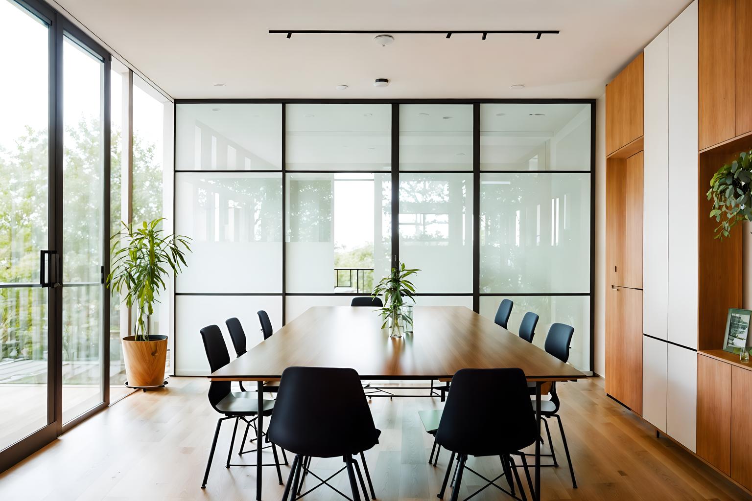 airbnb-style (meeting room interior) with glass walls and cabinets and plant and office chairs and glass doors and boardroom table and painting or photo on wall and vase. . with natural materials and elements and simple, clean lines and simplistic furniture and scandinavian style and open and natural lighting and neutral walls and textures and practicality and functionality and simple color palette and natural materials and elements. . cinematic photo, highly detailed, cinematic lighting, ultra-detailed, ultrarealistic, photorealism, 8k. airbnb interior design style. masterpiece, cinematic light, ultrarealistic+, photorealistic+, 8k, raw photo, realistic, sharp focus on eyes, (symmetrical eyes), (intact eyes), hyperrealistic, highest quality, best quality, , highly detailed, masterpiece, best quality, extremely detailed 8k wallpaper, masterpiece, best quality, ultra-detailed, best shadow, detailed background, detailed face, detailed eyes, high contrast, best illumination, detailed face, dulux, caustic, dynamic angle, detailed glow. dramatic lighting. highly detailed, insanely detailed hair, symmetrical, intricate details, professionally retouched, 8k high definition. strong bokeh. award winning photo.