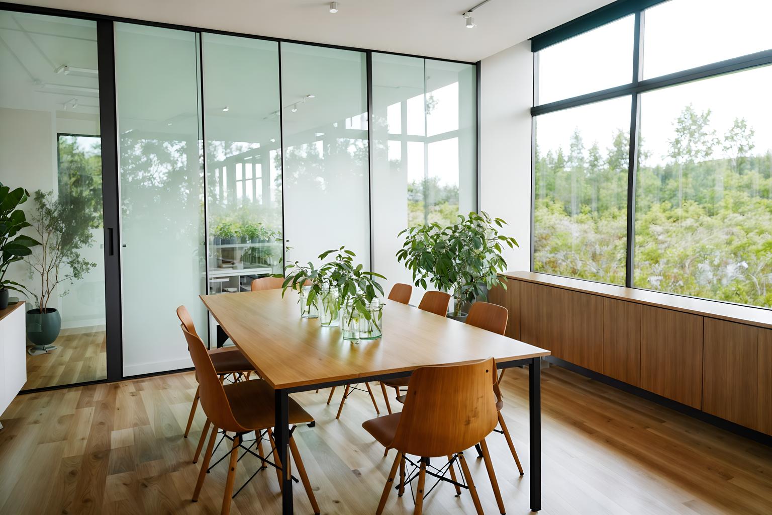 airbnb-style (meeting room interior) with glass walls and cabinets and plant and office chairs and glass doors and boardroom table and painting or photo on wall and vase. . with natural materials and elements and simple, clean lines and simplistic furniture and scandinavian style and open and natural lighting and neutral walls and textures and practicality and functionality and simple color palette and natural materials and elements. . cinematic photo, highly detailed, cinematic lighting, ultra-detailed, ultrarealistic, photorealism, 8k. airbnb interior design style. masterpiece, cinematic light, ultrarealistic+, photorealistic+, 8k, raw photo, realistic, sharp focus on eyes, (symmetrical eyes), (intact eyes), hyperrealistic, highest quality, best quality, , highly detailed, masterpiece, best quality, extremely detailed 8k wallpaper, masterpiece, best quality, ultra-detailed, best shadow, detailed background, detailed face, detailed eyes, high contrast, best illumination, detailed face, dulux, caustic, dynamic angle, detailed glow. dramatic lighting. highly detailed, insanely detailed hair, symmetrical, intricate details, professionally retouched, 8k high definition. strong bokeh. award winning photo.