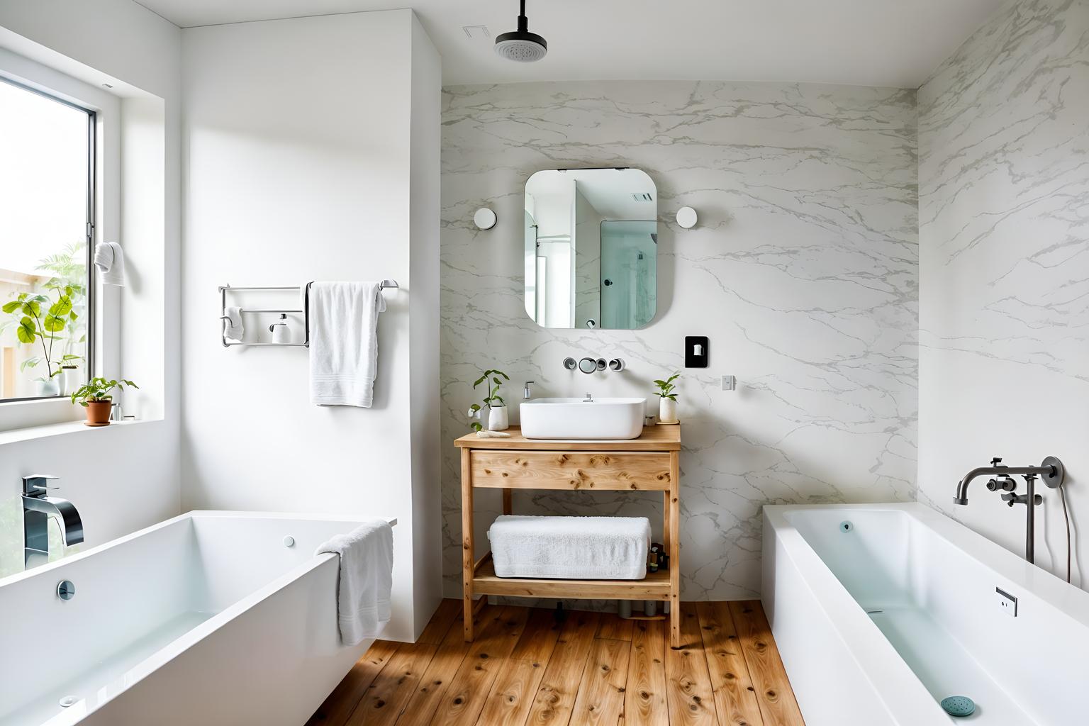 airbnb-style (hotel bathroom interior) with bathtub and waste basket and bath rail and toilet seat and plant and bathroom cabinet and bathroom sink with faucet and shower. . with open and natural lighting and natural materials and elements and practicality and functionality and simple color palette and neutral walls and textures and scandinavian style and simple, clean lines and simplistic furniture and open and natural lighting. . cinematic photo, highly detailed, cinematic lighting, ultra-detailed, ultrarealistic, photorealism, 8k. airbnb interior design style. masterpiece, cinematic light, ultrarealistic+, photorealistic+, 8k, raw photo, realistic, sharp focus on eyes, (symmetrical eyes), (intact eyes), hyperrealistic, highest quality, best quality, , highly detailed, masterpiece, best quality, extremely detailed 8k wallpaper, masterpiece, best quality, ultra-detailed, best shadow, detailed background, detailed face, detailed eyes, high contrast, best illumination, detailed face, dulux, caustic, dynamic angle, detailed glow. dramatic lighting. highly detailed, insanely detailed hair, symmetrical, intricate details, professionally retouched, 8k high definition. strong bokeh. award winning photo.