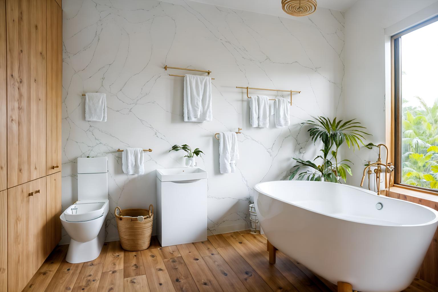 airbnb-style (hotel bathroom interior) with bathtub and waste basket and bath rail and toilet seat and plant and bathroom cabinet and bathroom sink with faucet and shower. . with open and natural lighting and natural materials and elements and practicality and functionality and simple color palette and neutral walls and textures and scandinavian style and simple, clean lines and simplistic furniture and open and natural lighting. . cinematic photo, highly detailed, cinematic lighting, ultra-detailed, ultrarealistic, photorealism, 8k. airbnb interior design style. masterpiece, cinematic light, ultrarealistic+, photorealistic+, 8k, raw photo, realistic, sharp focus on eyes, (symmetrical eyes), (intact eyes), hyperrealistic, highest quality, best quality, , highly detailed, masterpiece, best quality, extremely detailed 8k wallpaper, masterpiece, best quality, ultra-detailed, best shadow, detailed background, detailed face, detailed eyes, high contrast, best illumination, detailed face, dulux, caustic, dynamic angle, detailed glow. dramatic lighting. highly detailed, insanely detailed hair, symmetrical, intricate details, professionally retouched, 8k high definition. strong bokeh. award winning photo.