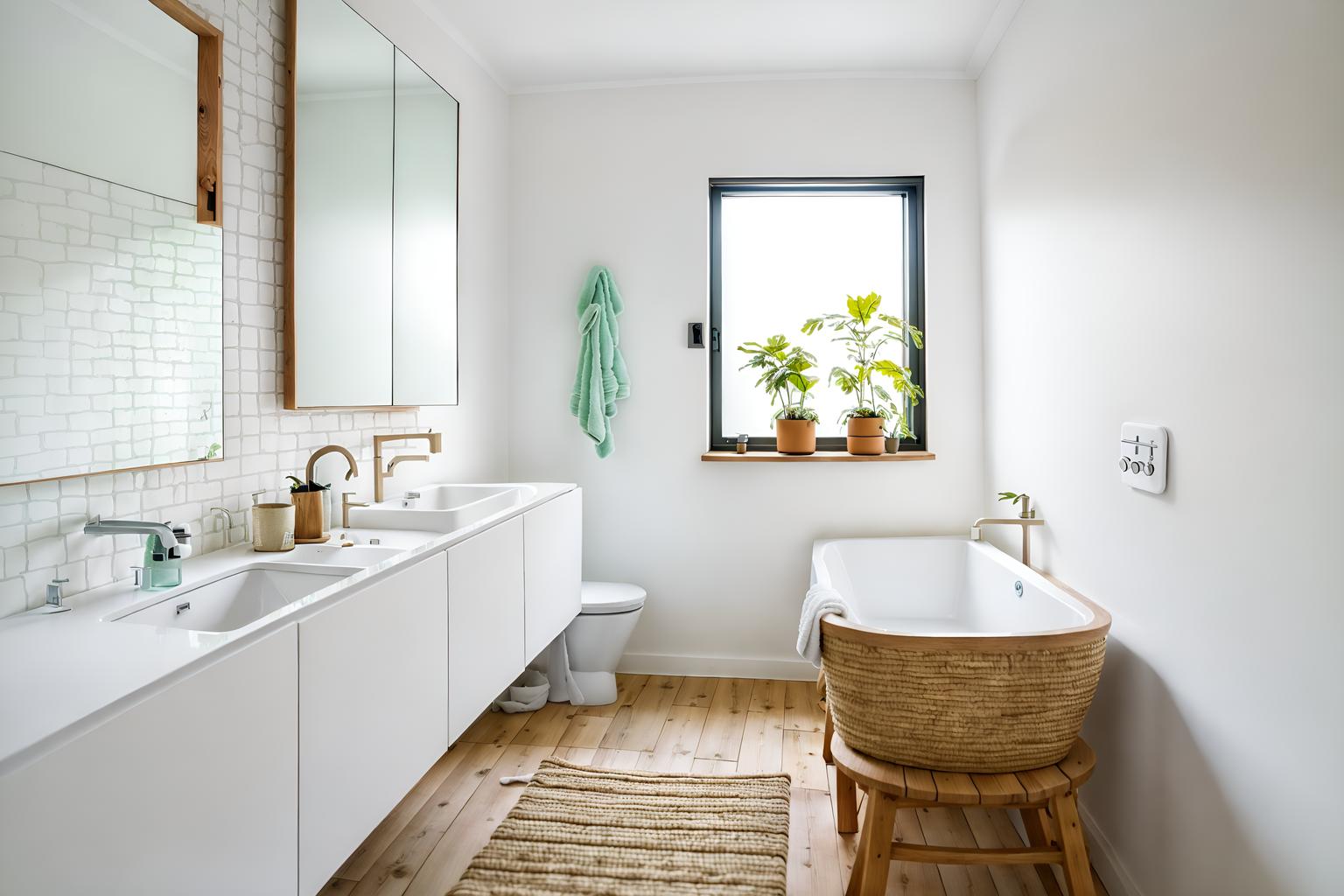 airbnb-style (hotel bathroom interior) with bathtub and waste basket and bath rail and toilet seat and plant and bathroom cabinet and bathroom sink with faucet and shower. . with open and natural lighting and natural materials and elements and practicality and functionality and simple color palette and neutral walls and textures and scandinavian style and simple, clean lines and simplistic furniture and open and natural lighting. . cinematic photo, highly detailed, cinematic lighting, ultra-detailed, ultrarealistic, photorealism, 8k. airbnb interior design style. masterpiece, cinematic light, ultrarealistic+, photorealistic+, 8k, raw photo, realistic, sharp focus on eyes, (symmetrical eyes), (intact eyes), hyperrealistic, highest quality, best quality, , highly detailed, masterpiece, best quality, extremely detailed 8k wallpaper, masterpiece, best quality, ultra-detailed, best shadow, detailed background, detailed face, detailed eyes, high contrast, best illumination, detailed face, dulux, caustic, dynamic angle, detailed glow. dramatic lighting. highly detailed, insanely detailed hair, symmetrical, intricate details, professionally retouched, 8k high definition. strong bokeh. award winning photo.