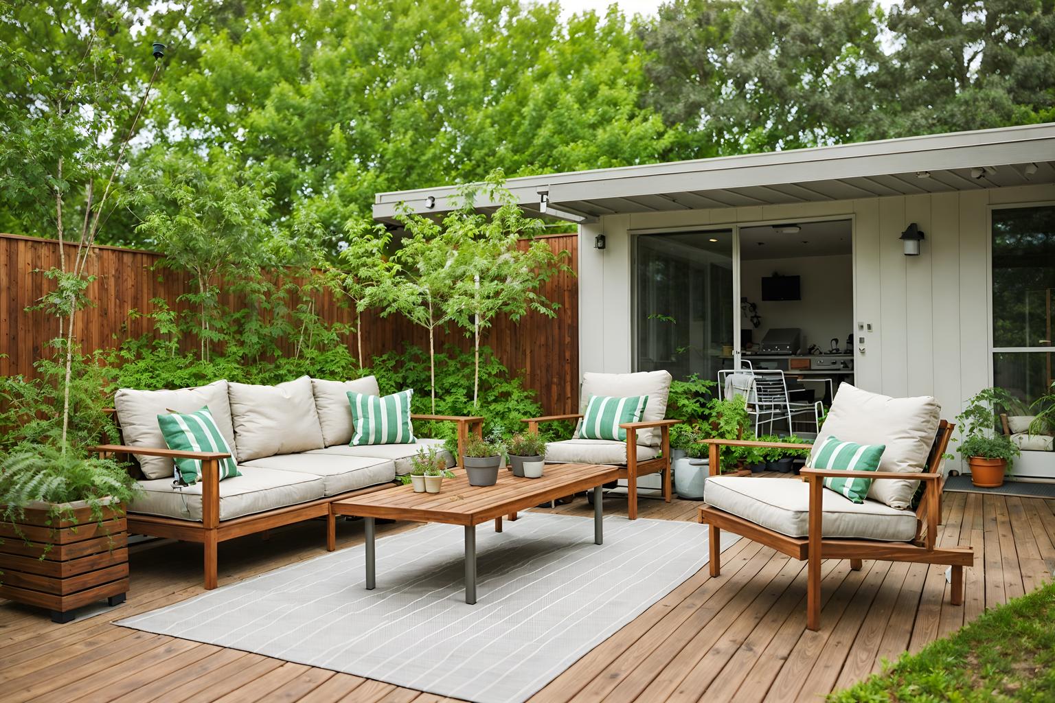 airbnb-style designed (outdoor patio ) with plant and deck with deck chairs and grass and patio couch with pillows and barbeque or grill and plant. . with simple, clean lines and simplistic furniture and scandinavian style and natural materials and elements and neutral walls and textures and practicality and functionality and simple color palette and open and natural lighting and simple, clean lines and simplistic furniture. . cinematic photo, highly detailed, cinematic lighting, ultra-detailed, ultrarealistic, photorealism, 8k. airbnb design style. masterpiece, cinematic light, ultrarealistic+, photorealistic+, 8k, raw photo, realistic, sharp focus on eyes, (symmetrical eyes), (intact eyes), hyperrealistic, highest quality, best quality, , highly detailed, masterpiece, best quality, extremely detailed 8k wallpaper, masterpiece, best quality, ultra-detailed, best shadow, detailed background, detailed face, detailed eyes, high contrast, best illumination, detailed face, dulux, caustic, dynamic angle, detailed glow. dramatic lighting. highly detailed, insanely detailed hair, symmetrical, intricate details, professionally retouched, 8k high definition. strong bokeh. award winning photo.