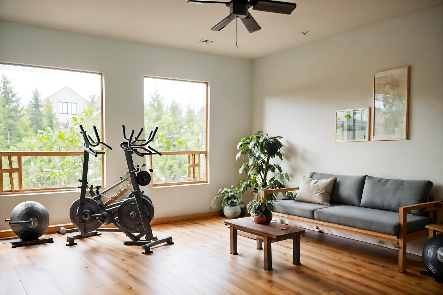 airbnb-style (fitness gym interior) with squat rack and dumbbell stand and crosstrainer and bench press and exercise bicycle and squat rack. . with natural materials and elements and simple color palette and neutral walls and textures and open and natural lighting and scandinavian style and simple, clean lines and simplistic furniture and practicality and functionality and natural materials and elements. . cinematic photo, highly detailed, cinematic lighting, ultra-detailed, ultrarealistic, photorealism, 8k. airbnb interior design style. masterpiece, cinematic light, ultrarealistic+, photorealistic+, 8k, raw photo, realistic, sharp focus on eyes, (symmetrical eyes), (intact eyes), hyperrealistic, highest quality, best quality, , highly detailed, masterpiece, best quality, extremely detailed 8k wallpaper, masterpiece, best quality, ultra-detailed, best shadow, detailed background, detailed face, detailed eyes, high contrast, best illumination, detailed face, dulux, caustic, dynamic angle, detailed glow. dramatic lighting. highly detailed, insanely detailed hair, symmetrical, intricate details, professionally retouched, 8k high definition. strong bokeh. award winning photo.