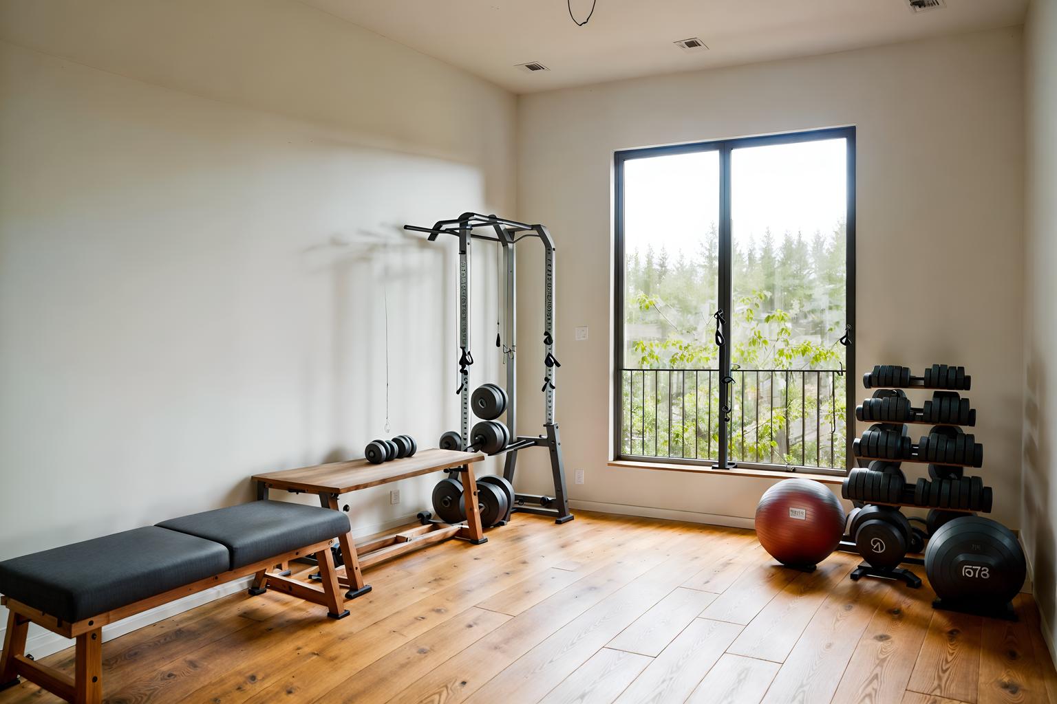 airbnb-style (fitness gym interior) with squat rack and dumbbell stand and crosstrainer and bench press and exercise bicycle and squat rack. . with natural materials and elements and simple color palette and neutral walls and textures and open and natural lighting and scandinavian style and simple, clean lines and simplistic furniture and practicality and functionality and natural materials and elements. . cinematic photo, highly detailed, cinematic lighting, ultra-detailed, ultrarealistic, photorealism, 8k. airbnb interior design style. masterpiece, cinematic light, ultrarealistic+, photorealistic+, 8k, raw photo, realistic, sharp focus on eyes, (symmetrical eyes), (intact eyes), hyperrealistic, highest quality, best quality, , highly detailed, masterpiece, best quality, extremely detailed 8k wallpaper, masterpiece, best quality, ultra-detailed, best shadow, detailed background, detailed face, detailed eyes, high contrast, best illumination, detailed face, dulux, caustic, dynamic angle, detailed glow. dramatic lighting. highly detailed, insanely detailed hair, symmetrical, intricate details, professionally retouched, 8k high definition. strong bokeh. award winning photo.