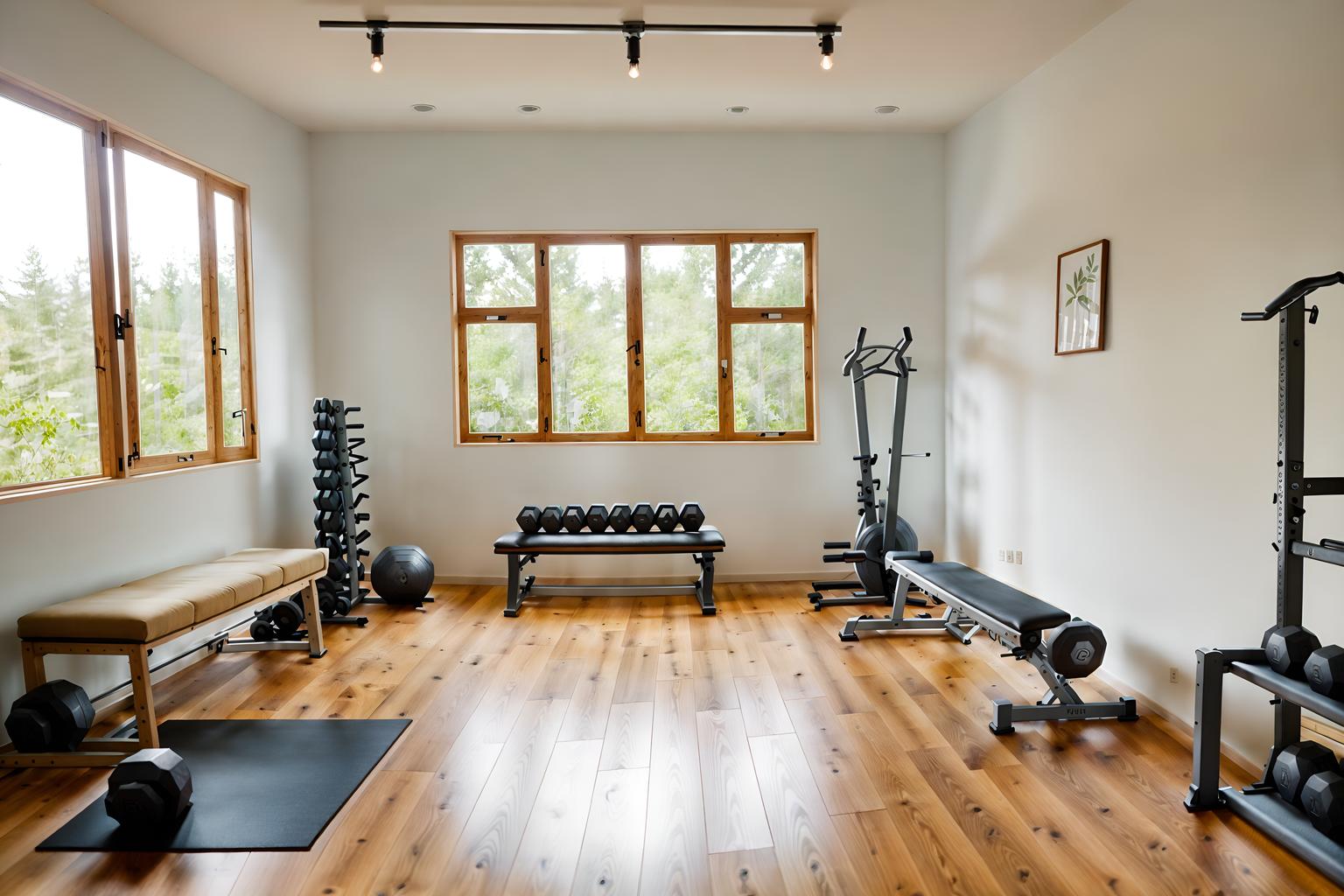 airbnb-style (fitness gym interior) with squat rack and dumbbell stand and crosstrainer and bench press and exercise bicycle and squat rack. . with natural materials and elements and simple color palette and neutral walls and textures and open and natural lighting and scandinavian style and simple, clean lines and simplistic furniture and practicality and functionality and natural materials and elements. . cinematic photo, highly detailed, cinematic lighting, ultra-detailed, ultrarealistic, photorealism, 8k. airbnb interior design style. masterpiece, cinematic light, ultrarealistic+, photorealistic+, 8k, raw photo, realistic, sharp focus on eyes, (symmetrical eyes), (intact eyes), hyperrealistic, highest quality, best quality, , highly detailed, masterpiece, best quality, extremely detailed 8k wallpaper, masterpiece, best quality, ultra-detailed, best shadow, detailed background, detailed face, detailed eyes, high contrast, best illumination, detailed face, dulux, caustic, dynamic angle, detailed glow. dramatic lighting. highly detailed, insanely detailed hair, symmetrical, intricate details, professionally retouched, 8k high definition. strong bokeh. award winning photo.