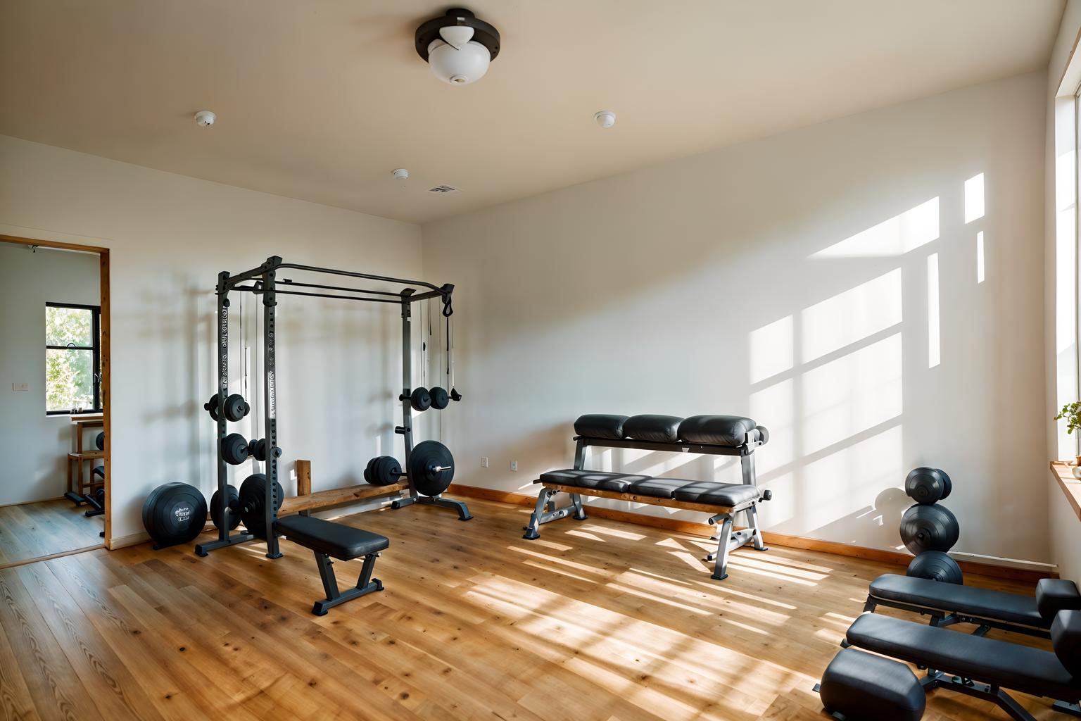 airbnb-style (fitness gym interior) with squat rack and dumbbell stand and crosstrainer and bench press and exercise bicycle and squat rack. . with natural materials and elements and simple color palette and neutral walls and textures and open and natural lighting and scandinavian style and simple, clean lines and simplistic furniture and practicality and functionality and natural materials and elements. . cinematic photo, highly detailed, cinematic lighting, ultra-detailed, ultrarealistic, photorealism, 8k. airbnb interior design style. masterpiece, cinematic light, ultrarealistic+, photorealistic+, 8k, raw photo, realistic, sharp focus on eyes, (symmetrical eyes), (intact eyes), hyperrealistic, highest quality, best quality, , highly detailed, masterpiece, best quality, extremely detailed 8k wallpaper, masterpiece, best quality, ultra-detailed, best shadow, detailed background, detailed face, detailed eyes, high contrast, best illumination, detailed face, dulux, caustic, dynamic angle, detailed glow. dramatic lighting. highly detailed, insanely detailed hair, symmetrical, intricate details, professionally retouched, 8k high definition. strong bokeh. award winning photo.