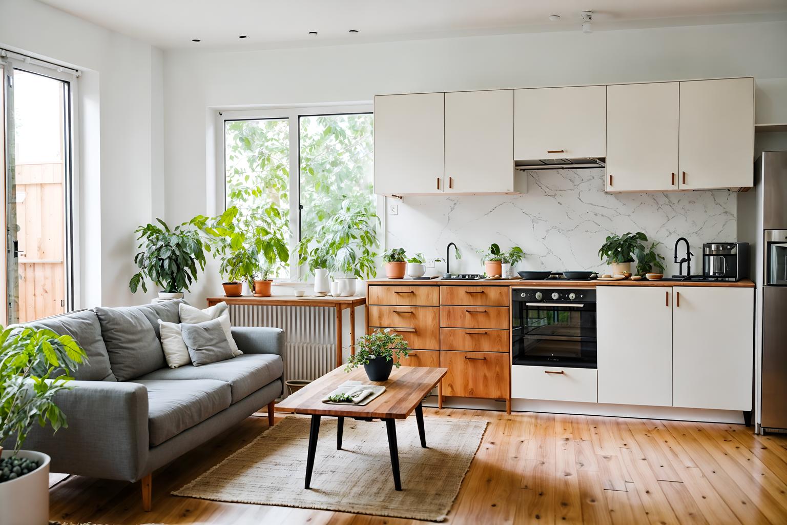 airbnb-style (kitchen living combo interior) with furniture and sink and occasional tables and refrigerator and coffee tables and worktops and sofa and plant. . with scandinavian style and natural materials and elements and simple color palette and practicality and functionality and neutral walls and textures and simple, clean lines and simplistic furniture and open and natural lighting and scandinavian style. . cinematic photo, highly detailed, cinematic lighting, ultra-detailed, ultrarealistic, photorealism, 8k. airbnb interior design style. masterpiece, cinematic light, ultrarealistic+, photorealistic+, 8k, raw photo, realistic, sharp focus on eyes, (symmetrical eyes), (intact eyes), hyperrealistic, highest quality, best quality, , highly detailed, masterpiece, best quality, extremely detailed 8k wallpaper, masterpiece, best quality, ultra-detailed, best shadow, detailed background, detailed face, detailed eyes, high contrast, best illumination, detailed face, dulux, caustic, dynamic angle, detailed glow. dramatic lighting. highly detailed, insanely detailed hair, symmetrical, intricate details, professionally retouched, 8k high definition. strong bokeh. award winning photo.