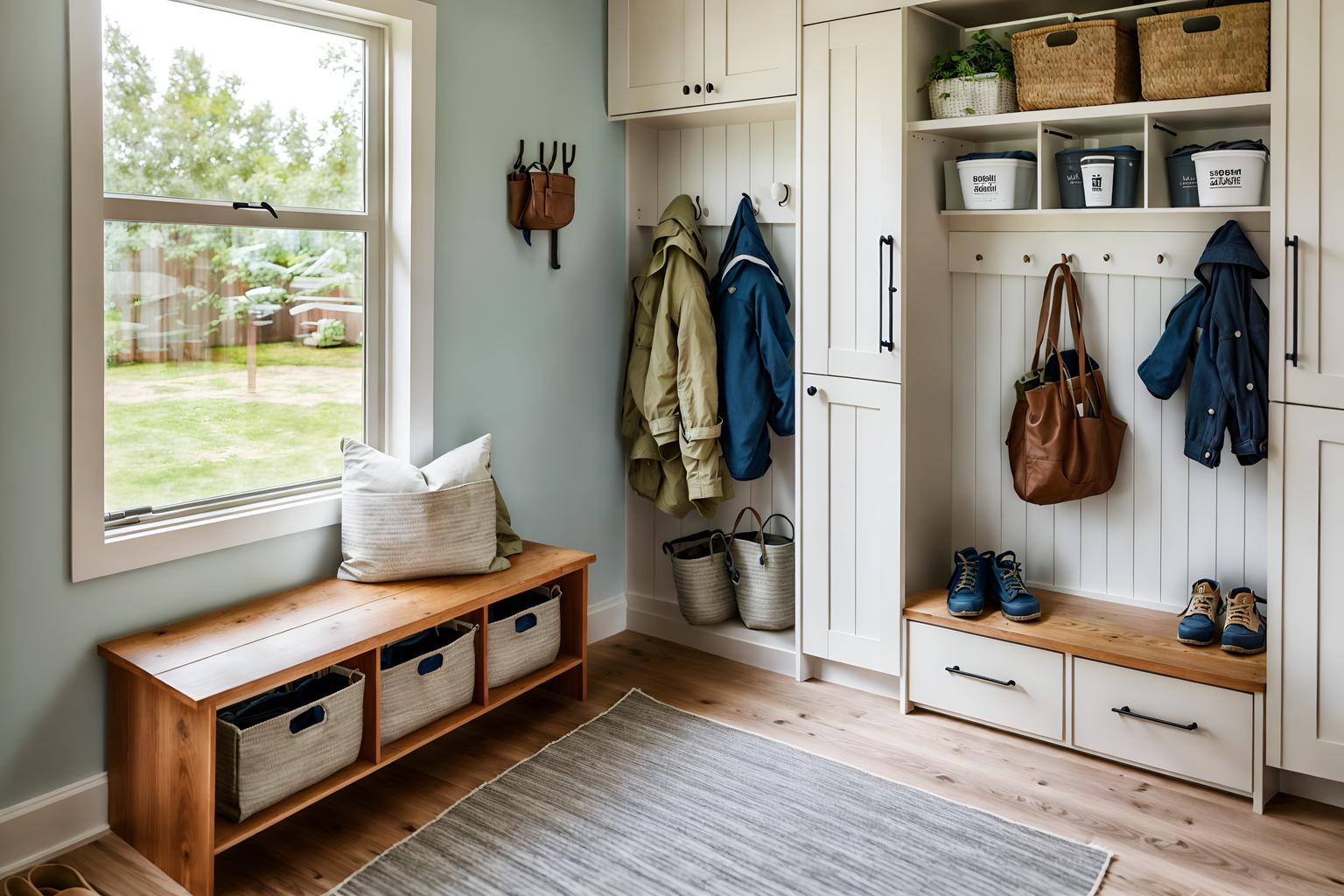 airbnb-style (mudroom interior) with storage baskets and storage drawers and cubbies and wall hooks for coats and shelves for shoes and high up storage and a bench and cabinets. . with open and natural lighting and simple, clean lines and simplistic furniture and scandinavian style and practicality and functionality and neutral walls and textures and simple color palette and natural materials and elements and open and natural lighting. . cinematic photo, highly detailed, cinematic lighting, ultra-detailed, ultrarealistic, photorealism, 8k. airbnb interior design style. masterpiece, cinematic light, ultrarealistic+, photorealistic+, 8k, raw photo, realistic, sharp focus on eyes, (symmetrical eyes), (intact eyes), hyperrealistic, highest quality, best quality, , highly detailed, masterpiece, best quality, extremely detailed 8k wallpaper, masterpiece, best quality, ultra-detailed, best shadow, detailed background, detailed face, detailed eyes, high contrast, best illumination, detailed face, dulux, caustic, dynamic angle, detailed glow. dramatic lighting. highly detailed, insanely detailed hair, symmetrical, intricate details, professionally retouched, 8k high definition. strong bokeh. award winning photo.