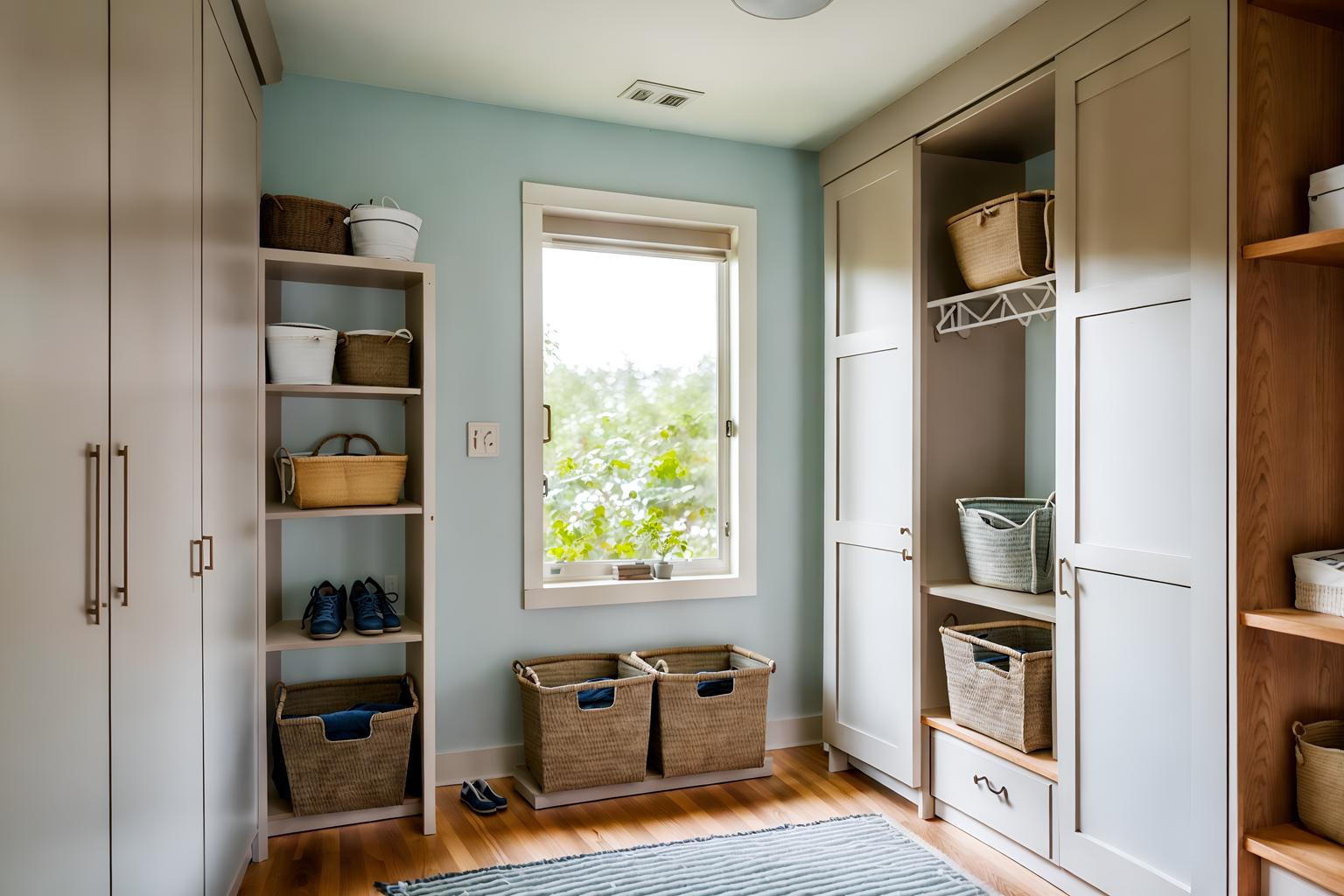 airbnb-style (mudroom interior) with storage baskets and storage drawers and cubbies and wall hooks for coats and shelves for shoes and high up storage and a bench and cabinets. . with open and natural lighting and simple, clean lines and simplistic furniture and scandinavian style and practicality and functionality and neutral walls and textures and simple color palette and natural materials and elements and open and natural lighting. . cinematic photo, highly detailed, cinematic lighting, ultra-detailed, ultrarealistic, photorealism, 8k. airbnb interior design style. masterpiece, cinematic light, ultrarealistic+, photorealistic+, 8k, raw photo, realistic, sharp focus on eyes, (symmetrical eyes), (intact eyes), hyperrealistic, highest quality, best quality, , highly detailed, masterpiece, best quality, extremely detailed 8k wallpaper, masterpiece, best quality, ultra-detailed, best shadow, detailed background, detailed face, detailed eyes, high contrast, best illumination, detailed face, dulux, caustic, dynamic angle, detailed glow. dramatic lighting. highly detailed, insanely detailed hair, symmetrical, intricate details, professionally retouched, 8k high definition. strong bokeh. award winning photo.