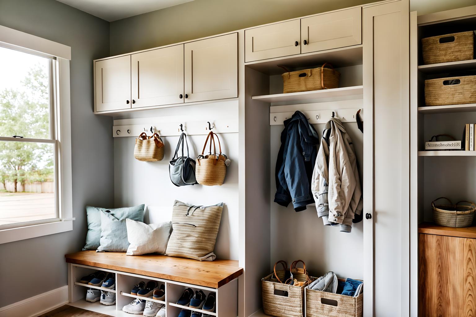 airbnb-style (mudroom interior) with storage baskets and storage drawers and cubbies and wall hooks for coats and shelves for shoes and high up storage and a bench and cabinets. . with open and natural lighting and simple, clean lines and simplistic furniture and scandinavian style and practicality and functionality and neutral walls and textures and simple color palette and natural materials and elements and open and natural lighting. . cinematic photo, highly detailed, cinematic lighting, ultra-detailed, ultrarealistic, photorealism, 8k. airbnb interior design style. masterpiece, cinematic light, ultrarealistic+, photorealistic+, 8k, raw photo, realistic, sharp focus on eyes, (symmetrical eyes), (intact eyes), hyperrealistic, highest quality, best quality, , highly detailed, masterpiece, best quality, extremely detailed 8k wallpaper, masterpiece, best quality, ultra-detailed, best shadow, detailed background, detailed face, detailed eyes, high contrast, best illumination, detailed face, dulux, caustic, dynamic angle, detailed glow. dramatic lighting. highly detailed, insanely detailed hair, symmetrical, intricate details, professionally retouched, 8k high definition. strong bokeh. award winning photo.