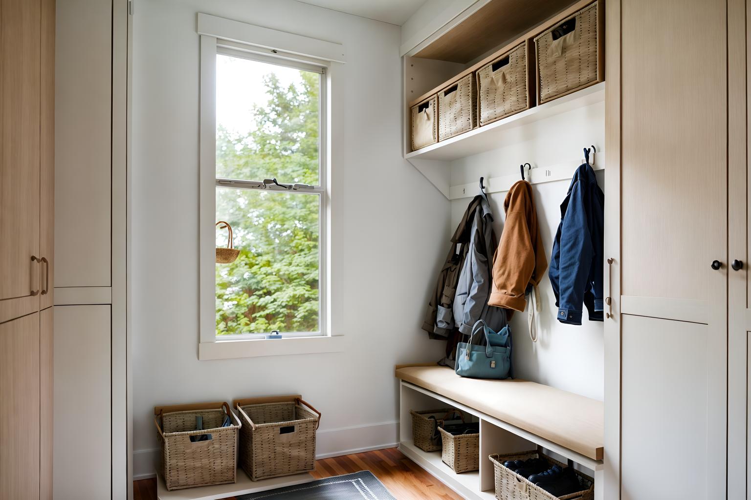 airbnb-style (mudroom interior) with storage baskets and storage drawers and cubbies and wall hooks for coats and shelves for shoes and high up storage and a bench and cabinets. . with open and natural lighting and simple, clean lines and simplistic furniture and scandinavian style and practicality and functionality and neutral walls and textures and simple color palette and natural materials and elements and open and natural lighting. . cinematic photo, highly detailed, cinematic lighting, ultra-detailed, ultrarealistic, photorealism, 8k. airbnb interior design style. masterpiece, cinematic light, ultrarealistic+, photorealistic+, 8k, raw photo, realistic, sharp focus on eyes, (symmetrical eyes), (intact eyes), hyperrealistic, highest quality, best quality, , highly detailed, masterpiece, best quality, extremely detailed 8k wallpaper, masterpiece, best quality, ultra-detailed, best shadow, detailed background, detailed face, detailed eyes, high contrast, best illumination, detailed face, dulux, caustic, dynamic angle, detailed glow. dramatic lighting. highly detailed, insanely detailed hair, symmetrical, intricate details, professionally retouched, 8k high definition. strong bokeh. award winning photo.
