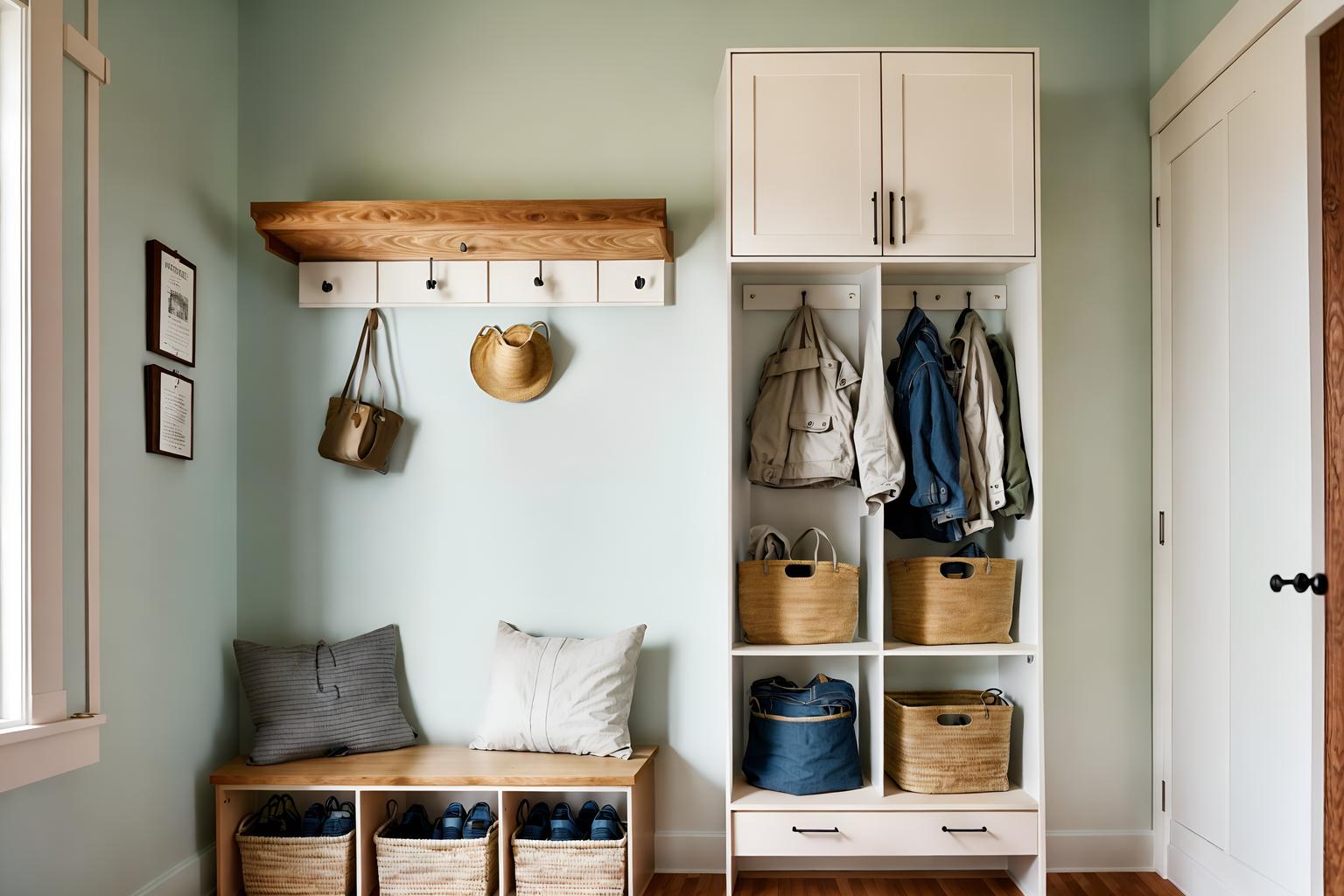 airbnb-style (mudroom interior) with storage baskets and storage drawers and cubbies and wall hooks for coats and shelves for shoes and high up storage and a bench and cabinets. . with open and natural lighting and simple, clean lines and simplistic furniture and scandinavian style and practicality and functionality and neutral walls and textures and simple color palette and natural materials and elements and open and natural lighting. . cinematic photo, highly detailed, cinematic lighting, ultra-detailed, ultrarealistic, photorealism, 8k. airbnb interior design style. masterpiece, cinematic light, ultrarealistic+, photorealistic+, 8k, raw photo, realistic, sharp focus on eyes, (symmetrical eyes), (intact eyes), hyperrealistic, highest quality, best quality, , highly detailed, masterpiece, best quality, extremely detailed 8k wallpaper, masterpiece, best quality, ultra-detailed, best shadow, detailed background, detailed face, detailed eyes, high contrast, best illumination, detailed face, dulux, caustic, dynamic angle, detailed glow. dramatic lighting. highly detailed, insanely detailed hair, symmetrical, intricate details, professionally retouched, 8k high definition. strong bokeh. award winning photo.