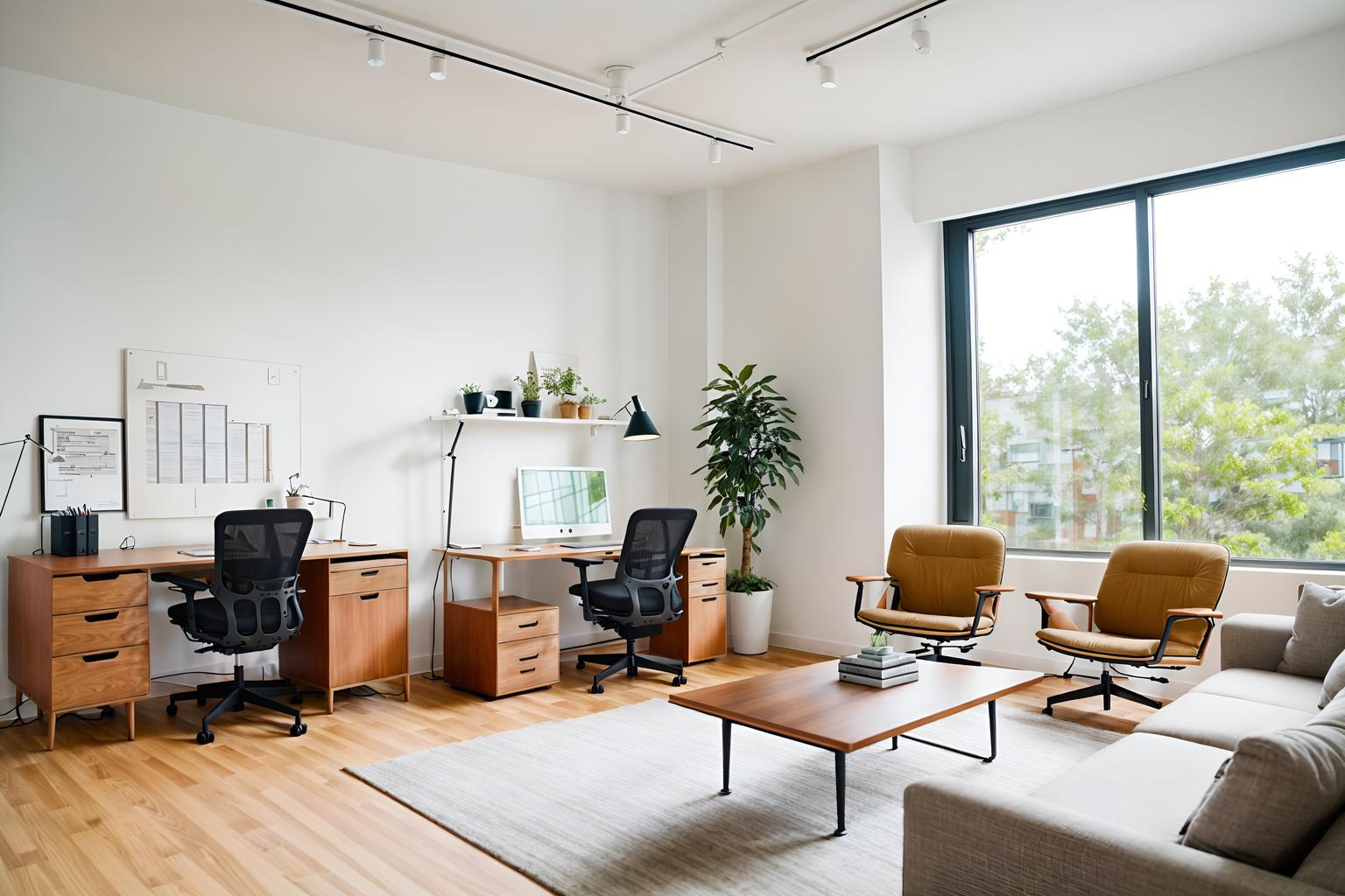 airbnb-style (office interior) with desk lamps and office chairs and office desks and windows and lounge chairs and seating area with sofa and cabinets and computer desks. . with simple color palette and open and natural lighting and neutral walls and textures and simple, clean lines and simplistic furniture and scandinavian style and natural materials and elements and practicality and functionality and simple color palette. . cinematic photo, highly detailed, cinematic lighting, ultra-detailed, ultrarealistic, photorealism, 8k. airbnb interior design style. masterpiece, cinematic light, ultrarealistic+, photorealistic+, 8k, raw photo, realistic, sharp focus on eyes, (symmetrical eyes), (intact eyes), hyperrealistic, highest quality, best quality, , highly detailed, masterpiece, best quality, extremely detailed 8k wallpaper, masterpiece, best quality, ultra-detailed, best shadow, detailed background, detailed face, detailed eyes, high contrast, best illumination, detailed face, dulux, caustic, dynamic angle, detailed glow. dramatic lighting. highly detailed, insanely detailed hair, symmetrical, intricate details, professionally retouched, 8k high definition. strong bokeh. award winning photo.