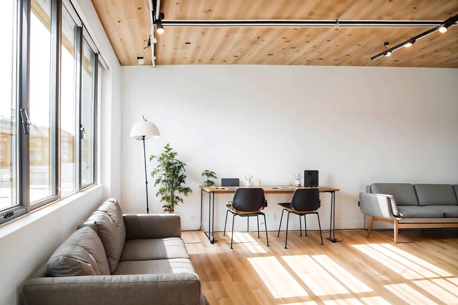 airbnb-style (office interior) with desk lamps and office chairs and office desks and windows and lounge chairs and seating area with sofa and cabinets and computer desks. . with simple color palette and open and natural lighting and neutral walls and textures and simple, clean lines and simplistic furniture and scandinavian style and natural materials and elements and practicality and functionality and simple color palette. . cinematic photo, highly detailed, cinematic lighting, ultra-detailed, ultrarealistic, photorealism, 8k. airbnb interior design style. masterpiece, cinematic light, ultrarealistic+, photorealistic+, 8k, raw photo, realistic, sharp focus on eyes, (symmetrical eyes), (intact eyes), hyperrealistic, highest quality, best quality, , highly detailed, masterpiece, best quality, extremely detailed 8k wallpaper, masterpiece, best quality, ultra-detailed, best shadow, detailed background, detailed face, detailed eyes, high contrast, best illumination, detailed face, dulux, caustic, dynamic angle, detailed glow. dramatic lighting. highly detailed, insanely detailed hair, symmetrical, intricate details, professionally retouched, 8k high definition. strong bokeh. award winning photo.