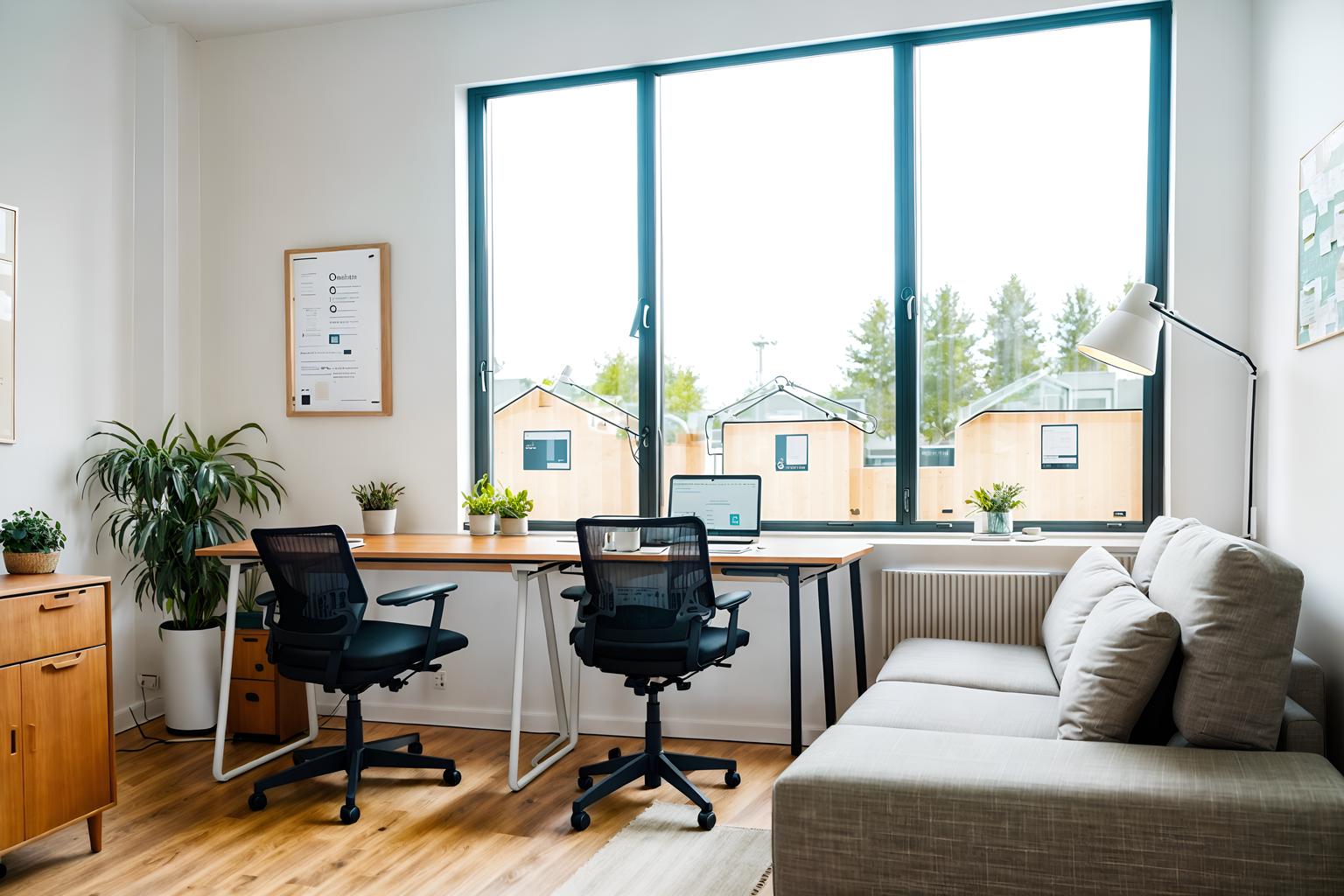 airbnb-style (office interior) with desk lamps and office chairs and office desks and windows and lounge chairs and seating area with sofa and cabinets and computer desks. . with simple color palette and open and natural lighting and neutral walls and textures and simple, clean lines and simplistic furniture and scandinavian style and natural materials and elements and practicality and functionality and simple color palette. . cinematic photo, highly detailed, cinematic lighting, ultra-detailed, ultrarealistic, photorealism, 8k. airbnb interior design style. masterpiece, cinematic light, ultrarealistic+, photorealistic+, 8k, raw photo, realistic, sharp focus on eyes, (symmetrical eyes), (intact eyes), hyperrealistic, highest quality, best quality, , highly detailed, masterpiece, best quality, extremely detailed 8k wallpaper, masterpiece, best quality, ultra-detailed, best shadow, detailed background, detailed face, detailed eyes, high contrast, best illumination, detailed face, dulux, caustic, dynamic angle, detailed glow. dramatic lighting. highly detailed, insanely detailed hair, symmetrical, intricate details, professionally retouched, 8k high definition. strong bokeh. award winning photo.