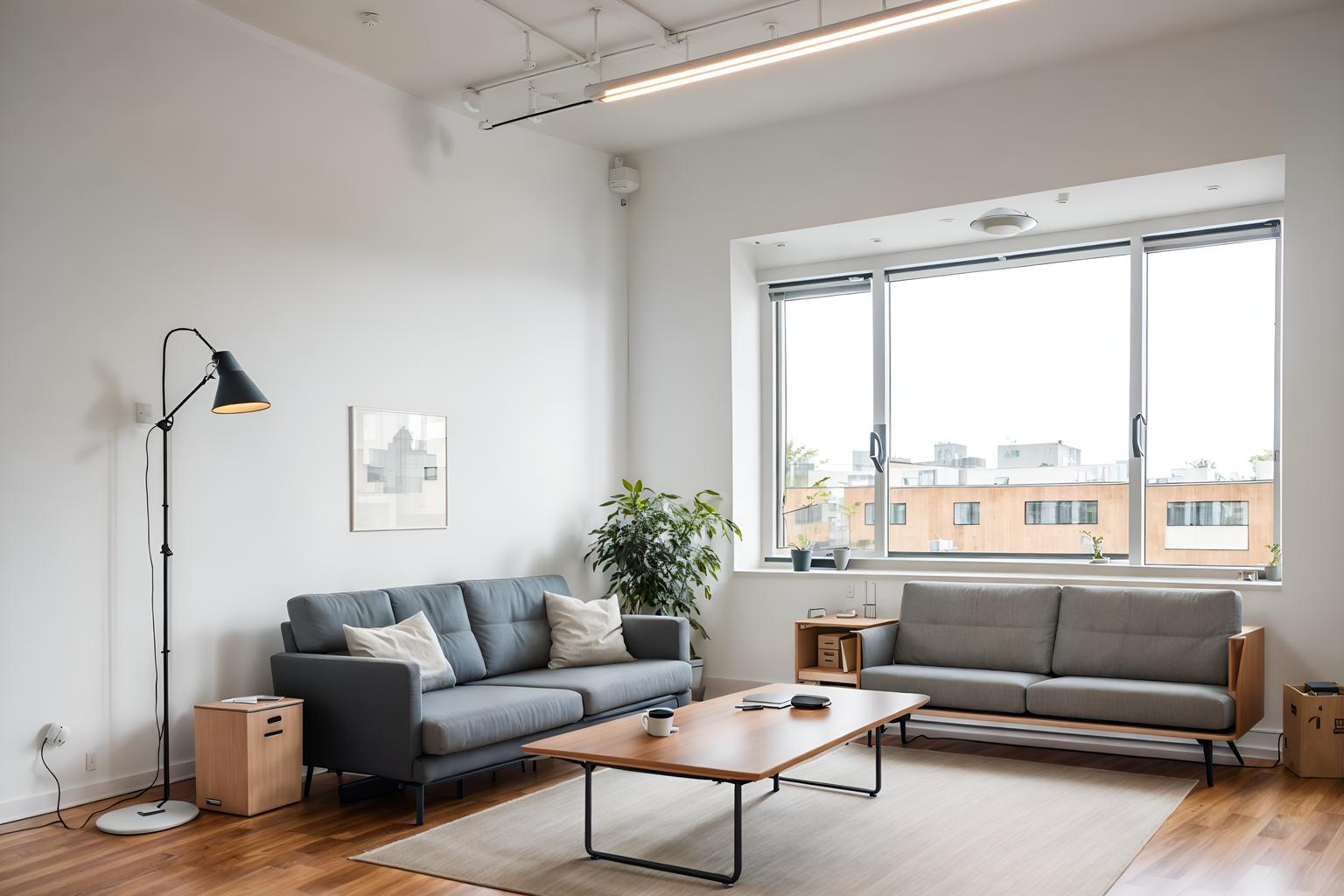 airbnb-style (office interior) with desk lamps and office chairs and office desks and windows and lounge chairs and seating area with sofa and cabinets and computer desks. . with simple color palette and open and natural lighting and neutral walls and textures and simple, clean lines and simplistic furniture and scandinavian style and natural materials and elements and practicality and functionality and simple color palette. . cinematic photo, highly detailed, cinematic lighting, ultra-detailed, ultrarealistic, photorealism, 8k. airbnb interior design style. masterpiece, cinematic light, ultrarealistic+, photorealistic+, 8k, raw photo, realistic, sharp focus on eyes, (symmetrical eyes), (intact eyes), hyperrealistic, highest quality, best quality, , highly detailed, masterpiece, best quality, extremely detailed 8k wallpaper, masterpiece, best quality, ultra-detailed, best shadow, detailed background, detailed face, detailed eyes, high contrast, best illumination, detailed face, dulux, caustic, dynamic angle, detailed glow. dramatic lighting. highly detailed, insanely detailed hair, symmetrical, intricate details, professionally retouched, 8k high definition. strong bokeh. award winning photo.