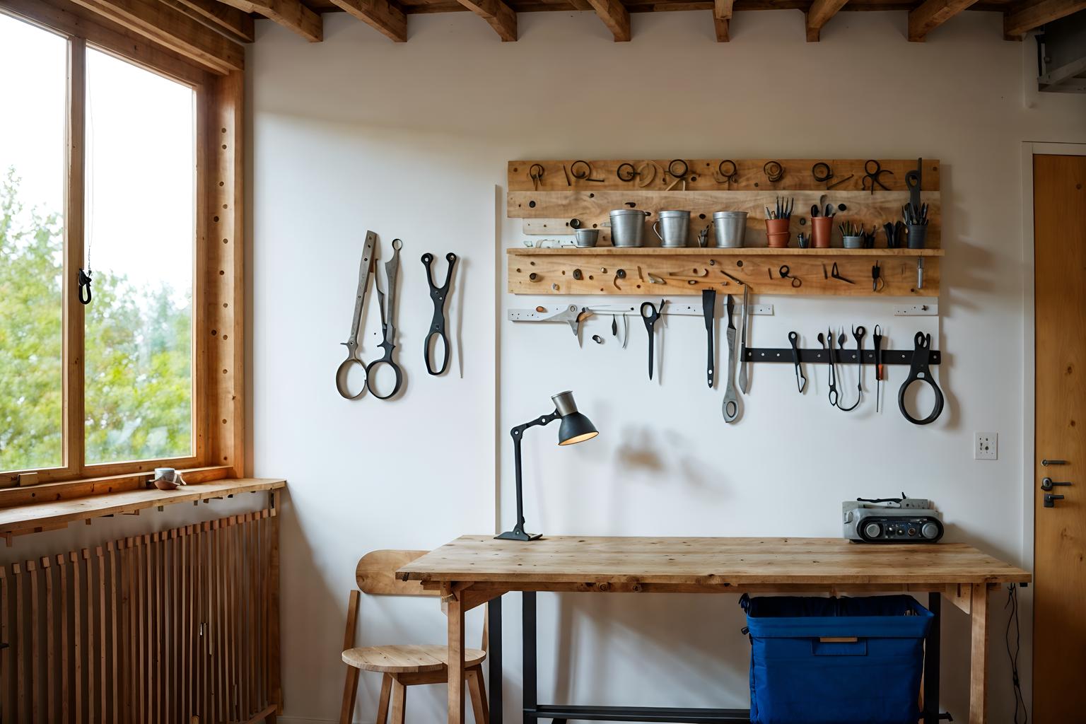 airbnb-style (workshop interior) with wooden workbench and messy and tool wall and wooden workbench. . with practicality and functionality and scandinavian style and simple, clean lines and simplistic furniture and open and natural lighting and natural materials and elements and neutral walls and textures and simple color palette and practicality and functionality. . cinematic photo, highly detailed, cinematic lighting, ultra-detailed, ultrarealistic, photorealism, 8k. airbnb interior design style. masterpiece, cinematic light, ultrarealistic+, photorealistic+, 8k, raw photo, realistic, sharp focus on eyes, (symmetrical eyes), (intact eyes), hyperrealistic, highest quality, best quality, , highly detailed, masterpiece, best quality, extremely detailed 8k wallpaper, masterpiece, best quality, ultra-detailed, best shadow, detailed background, detailed face, detailed eyes, high contrast, best illumination, detailed face, dulux, caustic, dynamic angle, detailed glow. dramatic lighting. highly detailed, insanely detailed hair, symmetrical, intricate details, professionally retouched, 8k high definition. strong bokeh. award winning photo.