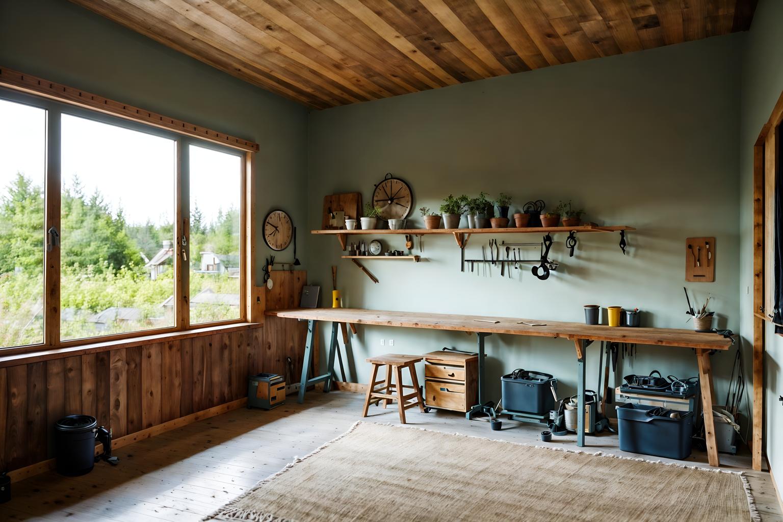 airbnb-style (workshop interior) with wooden workbench and messy and tool wall and wooden workbench. . with practicality and functionality and scandinavian style and simple, clean lines and simplistic furniture and open and natural lighting and natural materials and elements and neutral walls and textures and simple color palette and practicality and functionality. . cinematic photo, highly detailed, cinematic lighting, ultra-detailed, ultrarealistic, photorealism, 8k. airbnb interior design style. masterpiece, cinematic light, ultrarealistic+, photorealistic+, 8k, raw photo, realistic, sharp focus on eyes, (symmetrical eyes), (intact eyes), hyperrealistic, highest quality, best quality, , highly detailed, masterpiece, best quality, extremely detailed 8k wallpaper, masterpiece, best quality, ultra-detailed, best shadow, detailed background, detailed face, detailed eyes, high contrast, best illumination, detailed face, dulux, caustic, dynamic angle, detailed glow. dramatic lighting. highly detailed, insanely detailed hair, symmetrical, intricate details, professionally retouched, 8k high definition. strong bokeh. award winning photo.