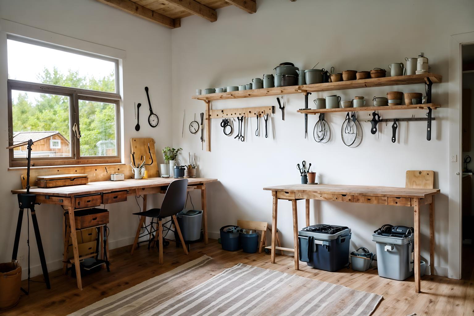 airbnb-style (workshop interior) with wooden workbench and messy and tool wall and wooden workbench. . with practicality and functionality and scandinavian style and simple, clean lines and simplistic furniture and open and natural lighting and natural materials and elements and neutral walls and textures and simple color palette and practicality and functionality. . cinematic photo, highly detailed, cinematic lighting, ultra-detailed, ultrarealistic, photorealism, 8k. airbnb interior design style. masterpiece, cinematic light, ultrarealistic+, photorealistic+, 8k, raw photo, realistic, sharp focus on eyes, (symmetrical eyes), (intact eyes), hyperrealistic, highest quality, best quality, , highly detailed, masterpiece, best quality, extremely detailed 8k wallpaper, masterpiece, best quality, ultra-detailed, best shadow, detailed background, detailed face, detailed eyes, high contrast, best illumination, detailed face, dulux, caustic, dynamic angle, detailed glow. dramatic lighting. highly detailed, insanely detailed hair, symmetrical, intricate details, professionally retouched, 8k high definition. strong bokeh. award winning photo.