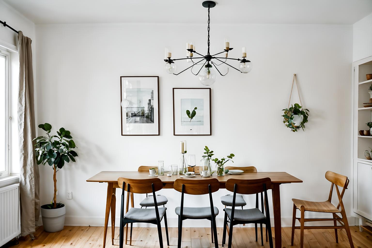 airbnb-style (dining room interior) with painting or photo on wall and light or chandelier and vase and dining table and plant and dining table chairs and table cloth and bookshelves. . with simple color palette and scandinavian style and simple, clean lines and simplistic furniture and natural materials and elements and open and natural lighting and neutral walls and textures and practicality and functionality and simple color palette. . cinematic photo, highly detailed, cinematic lighting, ultra-detailed, ultrarealistic, photorealism, 8k. airbnb interior design style. masterpiece, cinematic light, ultrarealistic+, photorealistic+, 8k, raw photo, realistic, sharp focus on eyes, (symmetrical eyes), (intact eyes), hyperrealistic, highest quality, best quality, , highly detailed, masterpiece, best quality, extremely detailed 8k wallpaper, masterpiece, best quality, ultra-detailed, best shadow, detailed background, detailed face, detailed eyes, high contrast, best illumination, detailed face, dulux, caustic, dynamic angle, detailed glow. dramatic lighting. highly detailed, insanely detailed hair, symmetrical, intricate details, professionally retouched, 8k high definition. strong bokeh. award winning photo.