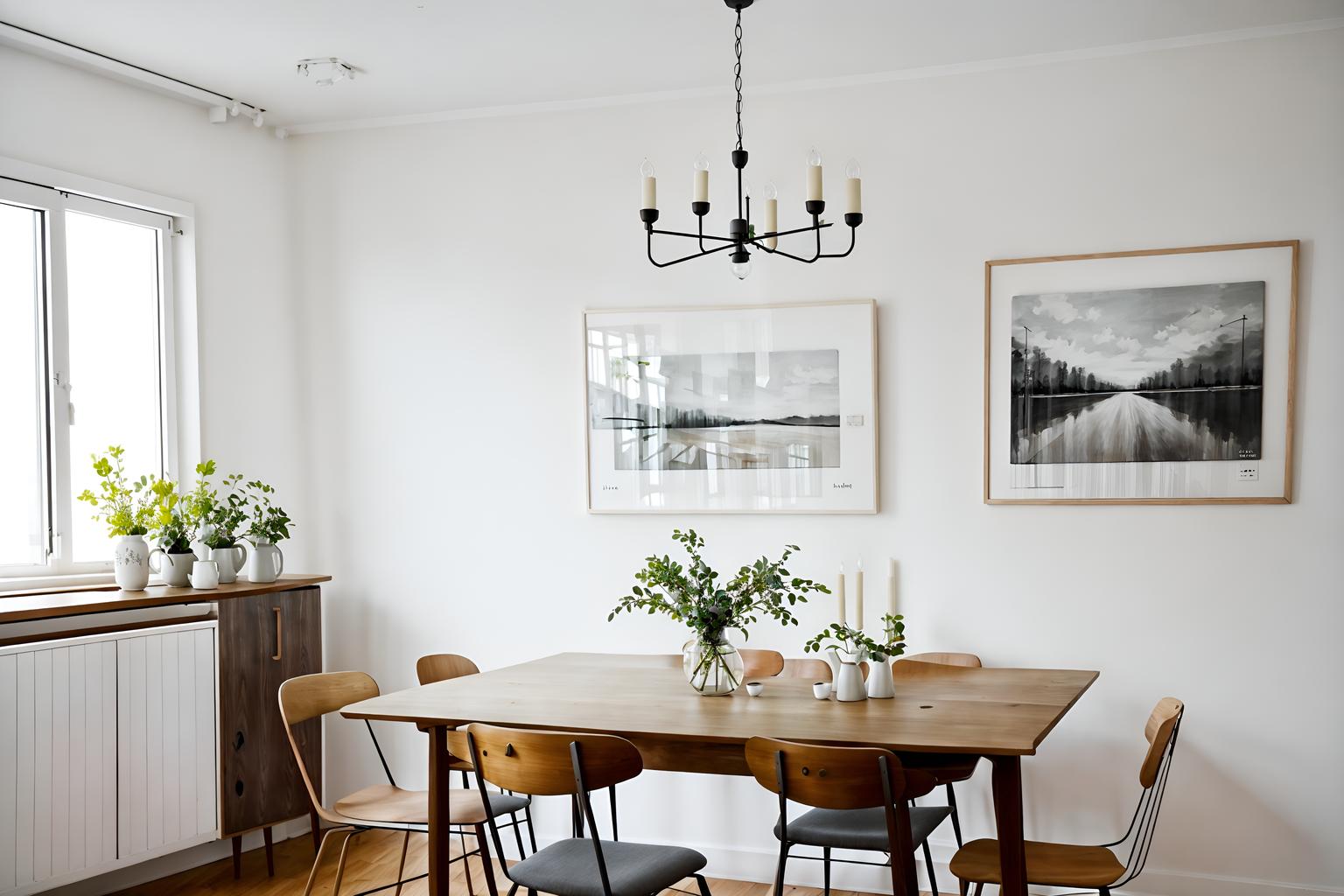 airbnb-style (dining room interior) with painting or photo on wall and light or chandelier and vase and dining table and plant and dining table chairs and table cloth and bookshelves. . with simple color palette and scandinavian style and simple, clean lines and simplistic furniture and natural materials and elements and open and natural lighting and neutral walls and textures and practicality and functionality and simple color palette. . cinematic photo, highly detailed, cinematic lighting, ultra-detailed, ultrarealistic, photorealism, 8k. airbnb interior design style. masterpiece, cinematic light, ultrarealistic+, photorealistic+, 8k, raw photo, realistic, sharp focus on eyes, (symmetrical eyes), (intact eyes), hyperrealistic, highest quality, best quality, , highly detailed, masterpiece, best quality, extremely detailed 8k wallpaper, masterpiece, best quality, ultra-detailed, best shadow, detailed background, detailed face, detailed eyes, high contrast, best illumination, detailed face, dulux, caustic, dynamic angle, detailed glow. dramatic lighting. highly detailed, insanely detailed hair, symmetrical, intricate details, professionally retouched, 8k high definition. strong bokeh. award winning photo.