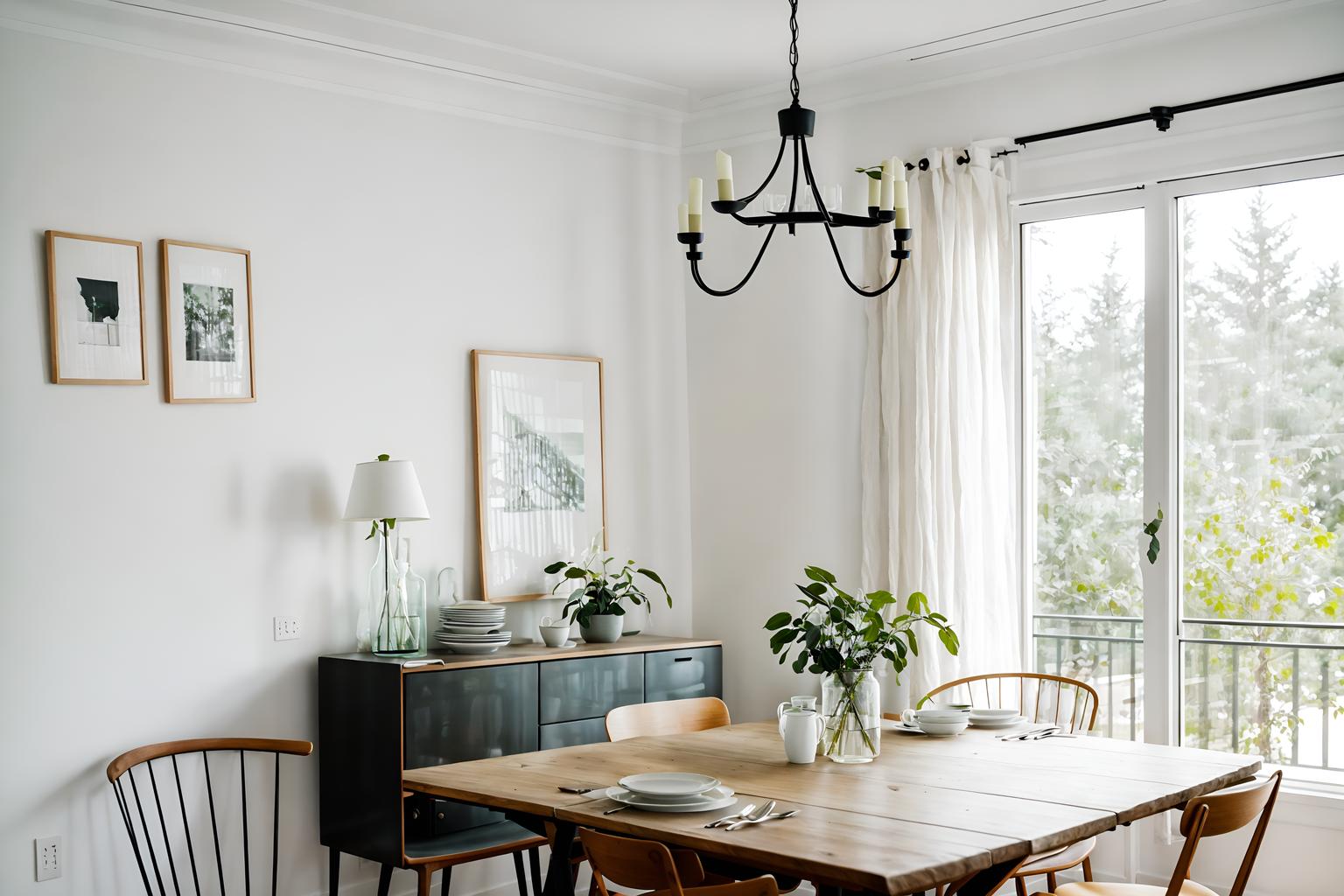 airbnb-style (dining room interior) with painting or photo on wall and light or chandelier and vase and dining table and plant and dining table chairs and table cloth and bookshelves. . with simple color palette and scandinavian style and simple, clean lines and simplistic furniture and natural materials and elements and open and natural lighting and neutral walls and textures and practicality and functionality and simple color palette. . cinematic photo, highly detailed, cinematic lighting, ultra-detailed, ultrarealistic, photorealism, 8k. airbnb interior design style. masterpiece, cinematic light, ultrarealistic+, photorealistic+, 8k, raw photo, realistic, sharp focus on eyes, (symmetrical eyes), (intact eyes), hyperrealistic, highest quality, best quality, , highly detailed, masterpiece, best quality, extremely detailed 8k wallpaper, masterpiece, best quality, ultra-detailed, best shadow, detailed background, detailed face, detailed eyes, high contrast, best illumination, detailed face, dulux, caustic, dynamic angle, detailed glow. dramatic lighting. highly detailed, insanely detailed hair, symmetrical, intricate details, professionally retouched, 8k high definition. strong bokeh. award winning photo.