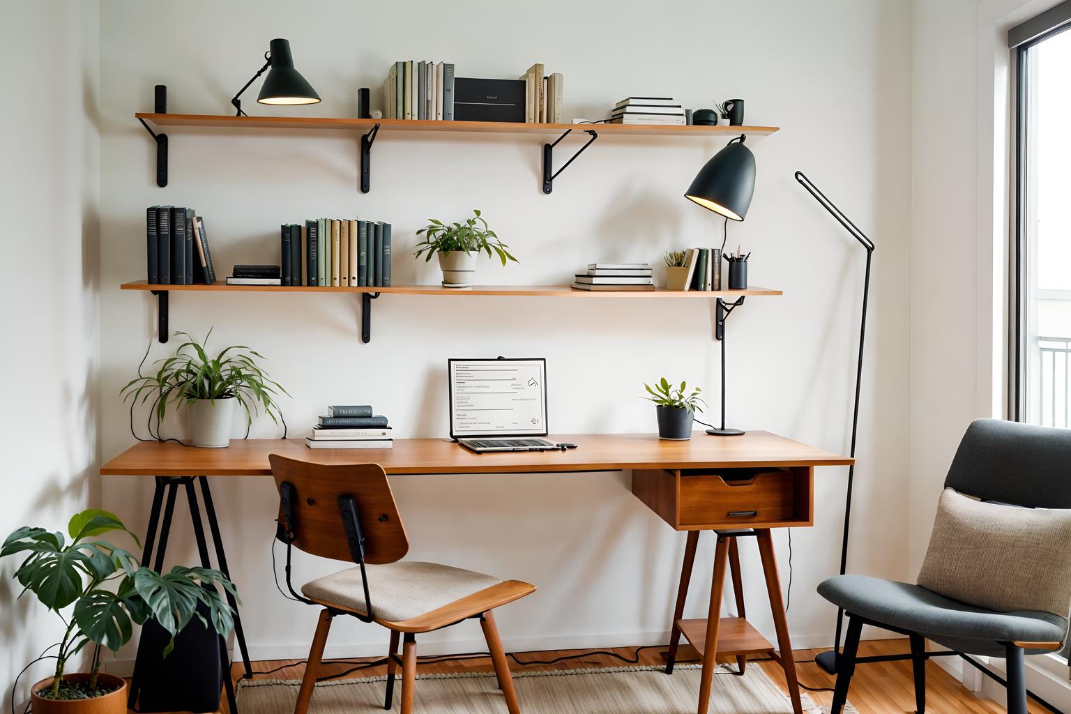 airbnb-style (study room interior) with bookshelves and desk lamp and lounge chair and plant and office chair and writing desk and cabinets and bookshelves. . with practicality and functionality and simple, clean lines and simplistic furniture and simple color palette and open and natural lighting and natural materials and elements and neutral walls and textures and scandinavian style and practicality and functionality. . cinematic photo, highly detailed, cinematic lighting, ultra-detailed, ultrarealistic, photorealism, 8k. airbnb interior design style. masterpiece, cinematic light, ultrarealistic+, photorealistic+, 8k, raw photo, realistic, sharp focus on eyes, (symmetrical eyes), (intact eyes), hyperrealistic, highest quality, best quality, , highly detailed, masterpiece, best quality, extremely detailed 8k wallpaper, masterpiece, best quality, ultra-detailed, best shadow, detailed background, detailed face, detailed eyes, high contrast, best illumination, detailed face, dulux, caustic, dynamic angle, detailed glow. dramatic lighting. highly detailed, insanely detailed hair, symmetrical, intricate details, professionally retouched, 8k high definition. strong bokeh. award winning photo.