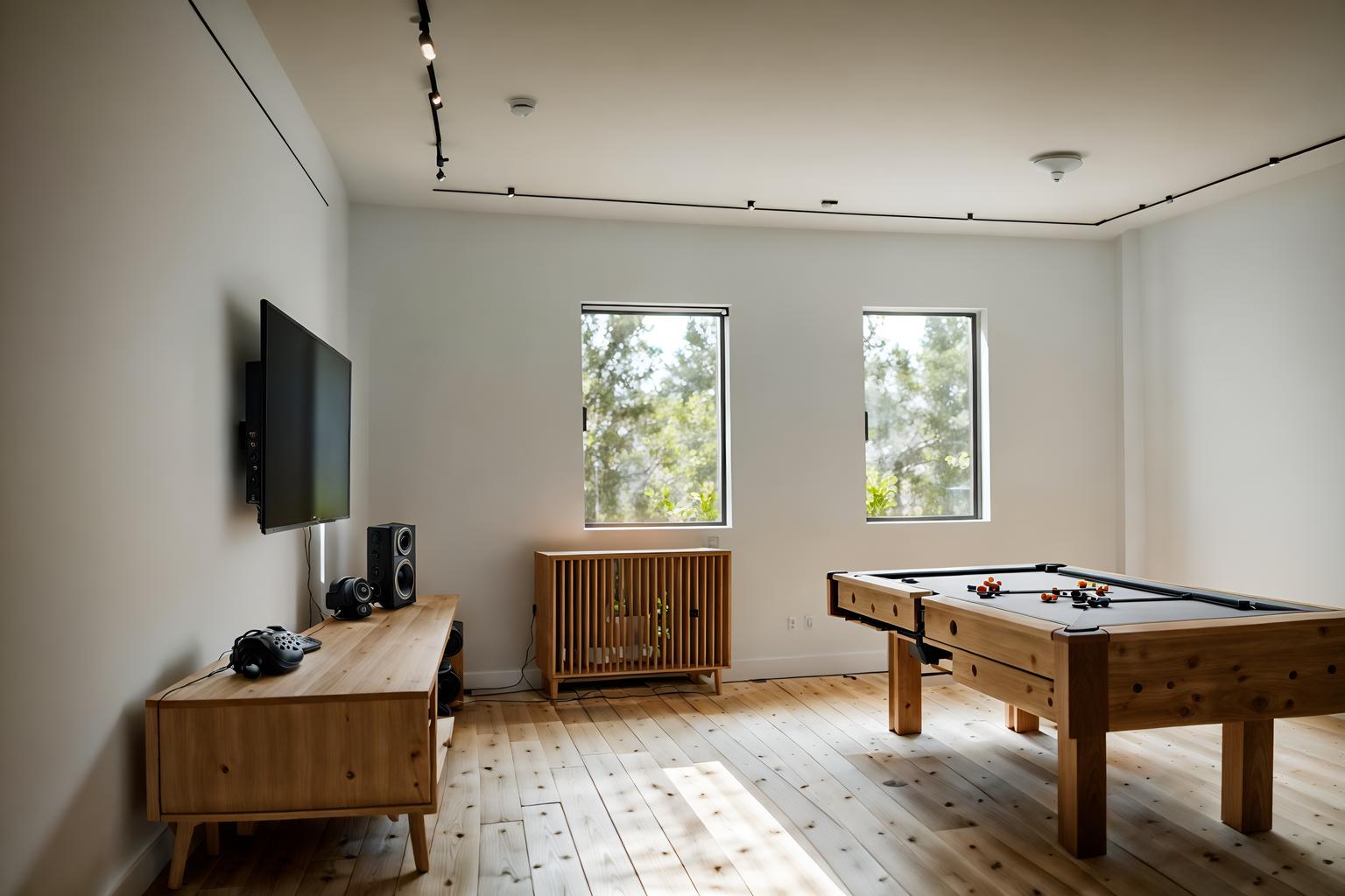 airbnb-style (gaming room interior) . with open and natural lighting and practicality and functionality and natural materials and elements and simple color palette and simple, clean lines and simplistic furniture and neutral walls and textures and scandinavian style and open and natural lighting. . cinematic photo, highly detailed, cinematic lighting, ultra-detailed, ultrarealistic, photorealism, 8k. airbnb interior design style. masterpiece, cinematic light, ultrarealistic+, photorealistic+, 8k, raw photo, realistic, sharp focus on eyes, (symmetrical eyes), (intact eyes), hyperrealistic, highest quality, best quality, , highly detailed, masterpiece, best quality, extremely detailed 8k wallpaper, masterpiece, best quality, ultra-detailed, best shadow, detailed background, detailed face, detailed eyes, high contrast, best illumination, detailed face, dulux, caustic, dynamic angle, detailed glow. dramatic lighting. highly detailed, insanely detailed hair, symmetrical, intricate details, professionally retouched, 8k high definition. strong bokeh. award winning photo.