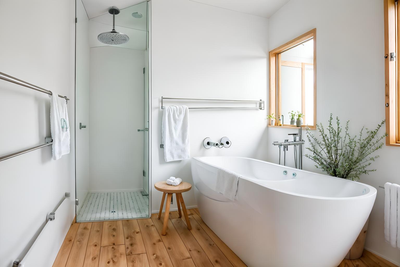 airbnb-style (bathroom interior) with bath rail and mirror and bath towel and shower and toilet seat and waste basket and bathtub and bathroom sink with faucet. . with open and natural lighting and simple, clean lines and simplistic furniture and scandinavian style and neutral walls and textures and practicality and functionality and simple color palette and natural materials and elements and open and natural lighting. . cinematic photo, highly detailed, cinematic lighting, ultra-detailed, ultrarealistic, photorealism, 8k. airbnb interior design style. masterpiece, cinematic light, ultrarealistic+, photorealistic+, 8k, raw photo, realistic, sharp focus on eyes, (symmetrical eyes), (intact eyes), hyperrealistic, highest quality, best quality, , highly detailed, masterpiece, best quality, extremely detailed 8k wallpaper, masterpiece, best quality, ultra-detailed, best shadow, detailed background, detailed face, detailed eyes, high contrast, best illumination, detailed face, dulux, caustic, dynamic angle, detailed glow. dramatic lighting. highly detailed, insanely detailed hair, symmetrical, intricate details, professionally retouched, 8k high definition. strong bokeh. award winning photo.