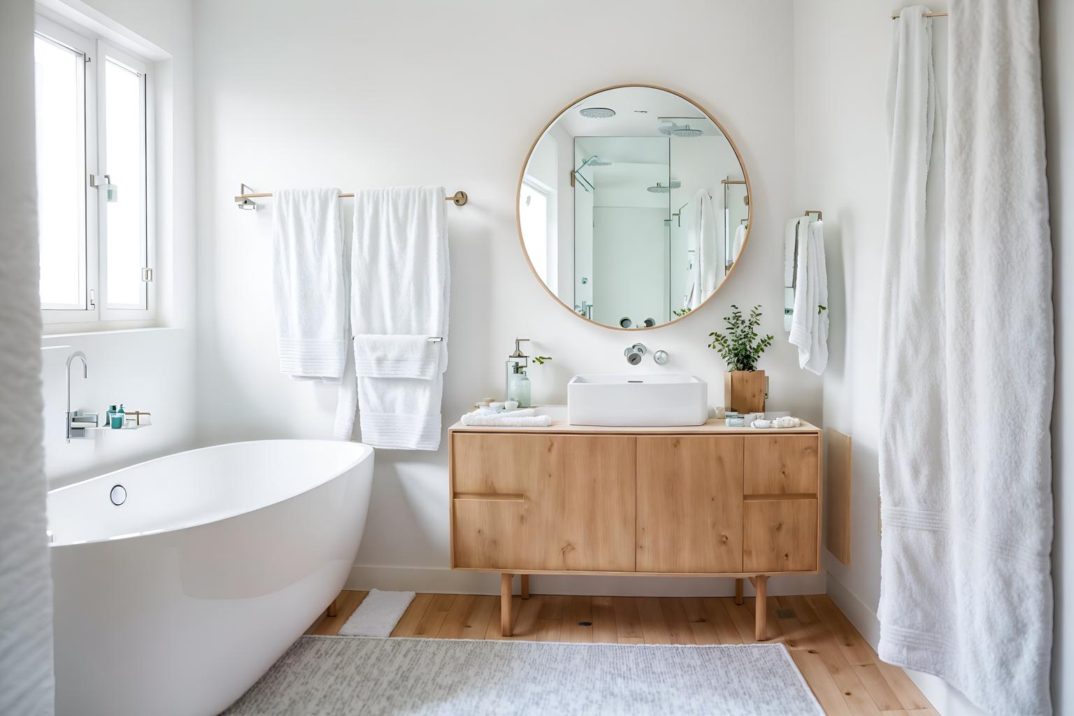 airbnb-style (bathroom interior) with bath rail and mirror and bath towel and shower and toilet seat and waste basket and bathtub and bathroom sink with faucet. . with open and natural lighting and simple, clean lines and simplistic furniture and scandinavian style and neutral walls and textures and practicality and functionality and simple color palette and natural materials and elements and open and natural lighting. . cinematic photo, highly detailed, cinematic lighting, ultra-detailed, ultrarealistic, photorealism, 8k. airbnb interior design style. masterpiece, cinematic light, ultrarealistic+, photorealistic+, 8k, raw photo, realistic, sharp focus on eyes, (symmetrical eyes), (intact eyes), hyperrealistic, highest quality, best quality, , highly detailed, masterpiece, best quality, extremely detailed 8k wallpaper, masterpiece, best quality, ultra-detailed, best shadow, detailed background, detailed face, detailed eyes, high contrast, best illumination, detailed face, dulux, caustic, dynamic angle, detailed glow. dramatic lighting. highly detailed, insanely detailed hair, symmetrical, intricate details, professionally retouched, 8k high definition. strong bokeh. award winning photo.