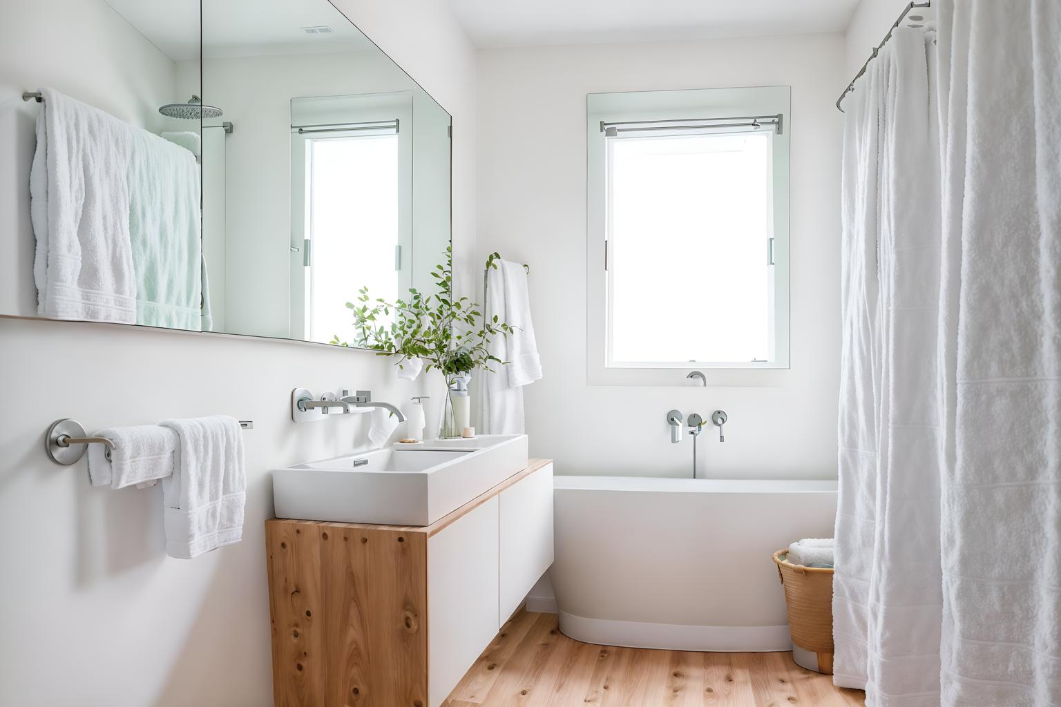 airbnb-style (bathroom interior) with bath rail and mirror and bath towel and shower and toilet seat and waste basket and bathtub and bathroom sink with faucet. . with open and natural lighting and simple, clean lines and simplistic furniture and scandinavian style and neutral walls and textures and practicality and functionality and simple color palette and natural materials and elements and open and natural lighting. . cinematic photo, highly detailed, cinematic lighting, ultra-detailed, ultrarealistic, photorealism, 8k. airbnb interior design style. masterpiece, cinematic light, ultrarealistic+, photorealistic+, 8k, raw photo, realistic, sharp focus on eyes, (symmetrical eyes), (intact eyes), hyperrealistic, highest quality, best quality, , highly detailed, masterpiece, best quality, extremely detailed 8k wallpaper, masterpiece, best quality, ultra-detailed, best shadow, detailed background, detailed face, detailed eyes, high contrast, best illumination, detailed face, dulux, caustic, dynamic angle, detailed glow. dramatic lighting. highly detailed, insanely detailed hair, symmetrical, intricate details, professionally retouched, 8k high definition. strong bokeh. award winning photo.