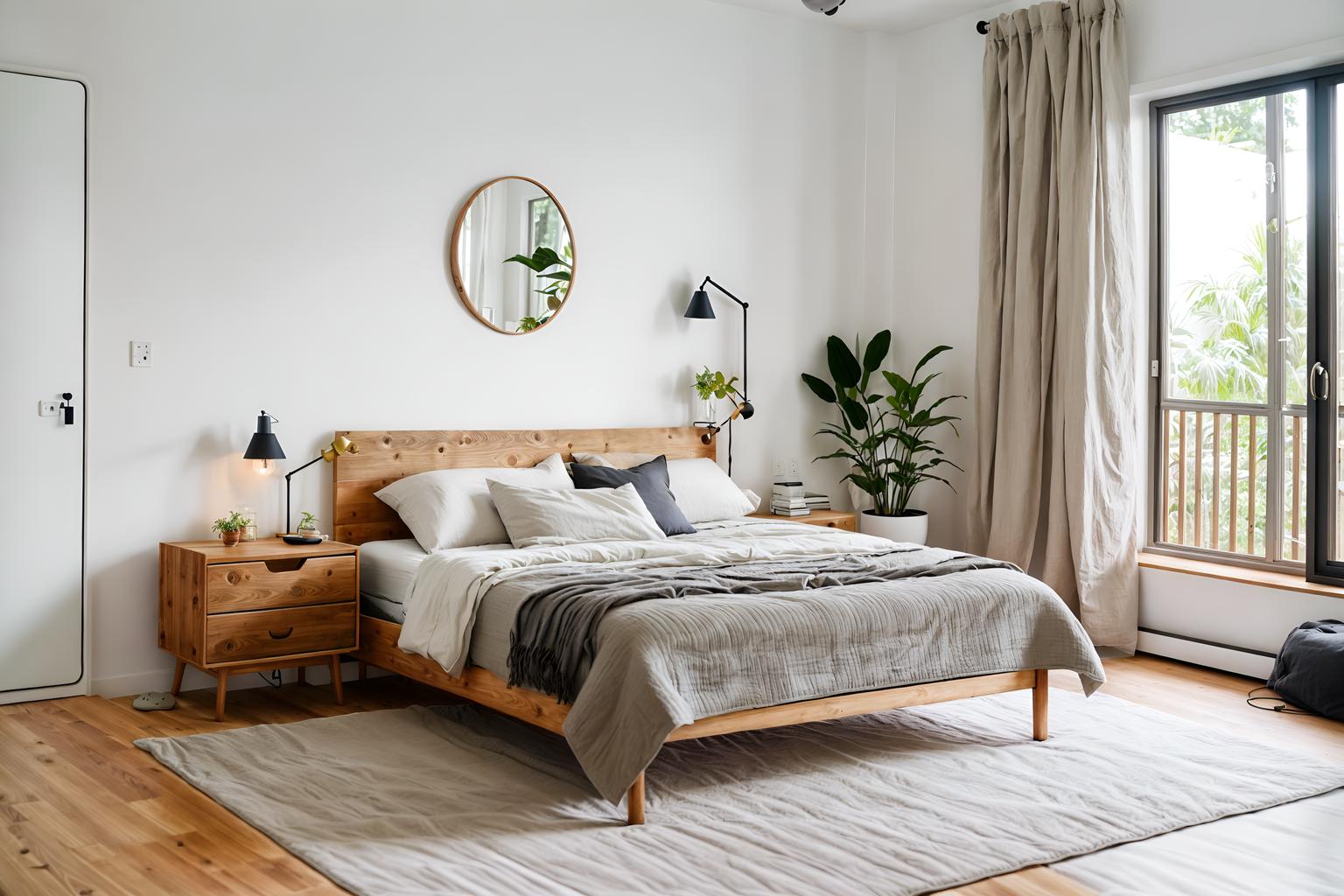 airbnb-style (bedroom interior) with plant and headboard and bed and mirror and dresser closet and night light and bedside table or night stand and accent chair. . with practicality and functionality and natural materials and elements and simple, clean lines and simplistic furniture and neutral walls and textures and scandinavian style and open and natural lighting and simple color palette and practicality and functionality. . cinematic photo, highly detailed, cinematic lighting, ultra-detailed, ultrarealistic, photorealism, 8k. airbnb interior design style. masterpiece, cinematic light, ultrarealistic+, photorealistic+, 8k, raw photo, realistic, sharp focus on eyes, (symmetrical eyes), (intact eyes), hyperrealistic, highest quality, best quality, , highly detailed, masterpiece, best quality, extremely detailed 8k wallpaper, masterpiece, best quality, ultra-detailed, best shadow, detailed background, detailed face, detailed eyes, high contrast, best illumination, detailed face, dulux, caustic, dynamic angle, detailed glow. dramatic lighting. highly detailed, insanely detailed hair, symmetrical, intricate details, professionally retouched, 8k high definition. strong bokeh. award winning photo.