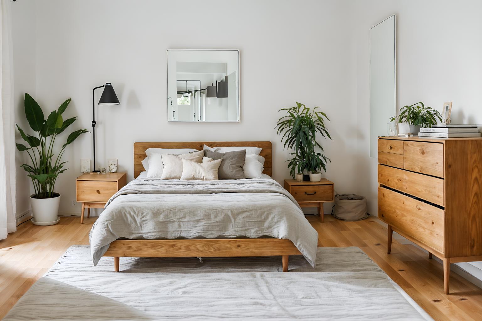 airbnb-style (bedroom interior) with plant and headboard and bed and mirror and dresser closet and night light and bedside table or night stand and accent chair. . with practicality and functionality and natural materials and elements and simple, clean lines and simplistic furniture and neutral walls and textures and scandinavian style and open and natural lighting and simple color palette and practicality and functionality. . cinematic photo, highly detailed, cinematic lighting, ultra-detailed, ultrarealistic, photorealism, 8k. airbnb interior design style. masterpiece, cinematic light, ultrarealistic+, photorealistic+, 8k, raw photo, realistic, sharp focus on eyes, (symmetrical eyes), (intact eyes), hyperrealistic, highest quality, best quality, , highly detailed, masterpiece, best quality, extremely detailed 8k wallpaper, masterpiece, best quality, ultra-detailed, best shadow, detailed background, detailed face, detailed eyes, high contrast, best illumination, detailed face, dulux, caustic, dynamic angle, detailed glow. dramatic lighting. highly detailed, insanely detailed hair, symmetrical, intricate details, professionally retouched, 8k high definition. strong bokeh. award winning photo.