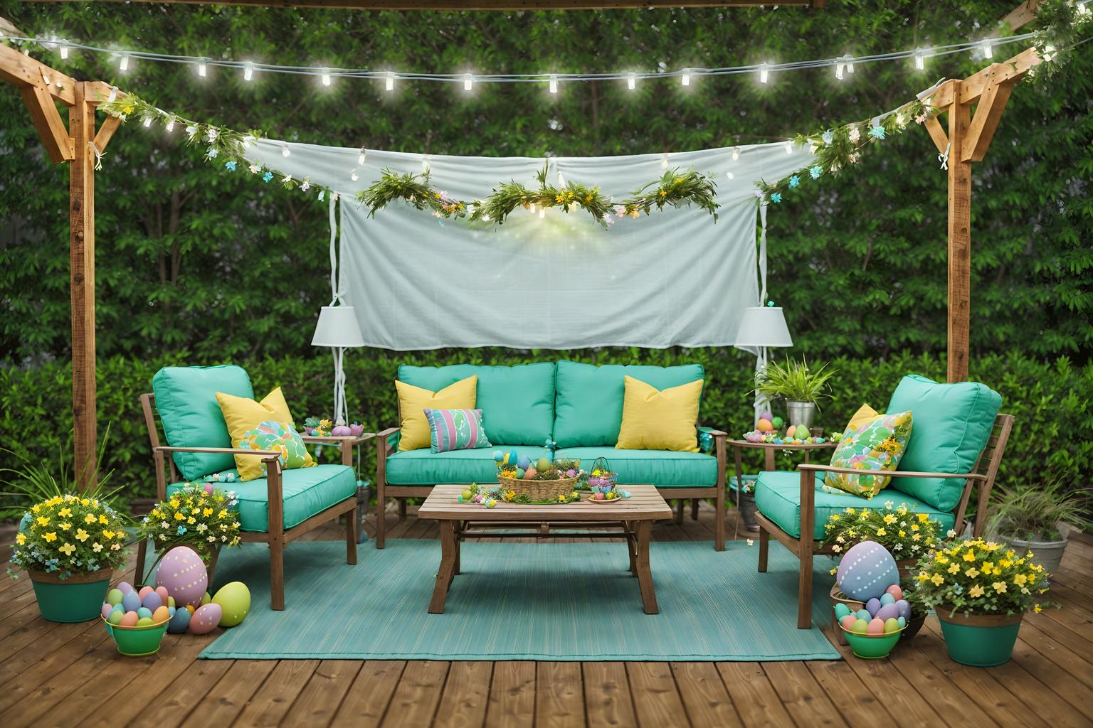 easter-style designed (outdoor patio ) with plant and grass and patio couch with pillows and deck with deck chairs and barbeque or grill and plant. . with colorful easter eggs and flowers on table and easter decorations and light blue colors and spring decorations and colorful easter eggs. . cinematic photo, highly detailed, cinematic lighting, ultra-detailed, ultrarealistic, photorealism, 8k. easter design style. masterpiece, cinematic light, ultrarealistic+, photorealistic+, 8k, raw photo, realistic, sharp focus on eyes, (symmetrical eyes), (intact eyes), hyperrealistic, highest quality, best quality, , highly detailed, masterpiece, best quality, extremely detailed 8k wallpaper, masterpiece, best quality, ultra-detailed, best shadow, detailed background, detailed face, detailed eyes, high contrast, best illumination, detailed face, dulux, caustic, dynamic angle, detailed glow. dramatic lighting. highly detailed, insanely detailed hair, symmetrical, intricate details, professionally retouched, 8k high definition. strong bokeh. award winning photo.
