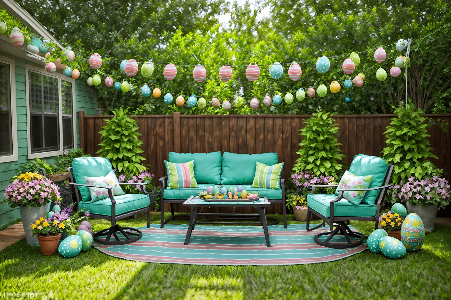 easter-style designed (outdoor patio ) with plant and grass and patio couch with pillows and deck with deck chairs and barbeque or grill and plant. . with colorful easter eggs and flowers on table and easter decorations and light blue colors and spring decorations and colorful easter eggs. . cinematic photo, highly detailed, cinematic lighting, ultra-detailed, ultrarealistic, photorealism, 8k. easter design style. masterpiece, cinematic light, ultrarealistic+, photorealistic+, 8k, raw photo, realistic, sharp focus on eyes, (symmetrical eyes), (intact eyes), hyperrealistic, highest quality, best quality, , highly detailed, masterpiece, best quality, extremely detailed 8k wallpaper, masterpiece, best quality, ultra-detailed, best shadow, detailed background, detailed face, detailed eyes, high contrast, best illumination, detailed face, dulux, caustic, dynamic angle, detailed glow. dramatic lighting. highly detailed, insanely detailed hair, symmetrical, intricate details, professionally retouched, 8k high definition. strong bokeh. award winning photo.