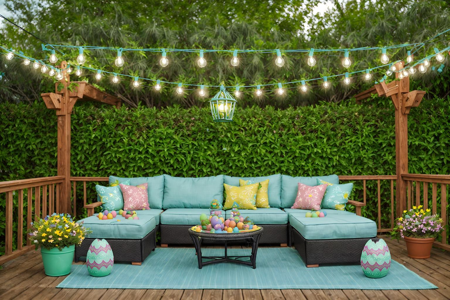 easter-style designed (outdoor patio ) with plant and grass and patio couch with pillows and deck with deck chairs and barbeque or grill and plant. . with colorful easter eggs and flowers on table and easter decorations and light blue colors and spring decorations and colorful easter eggs. . cinematic photo, highly detailed, cinematic lighting, ultra-detailed, ultrarealistic, photorealism, 8k. easter design style. masterpiece, cinematic light, ultrarealistic+, photorealistic+, 8k, raw photo, realistic, sharp focus on eyes, (symmetrical eyes), (intact eyes), hyperrealistic, highest quality, best quality, , highly detailed, masterpiece, best quality, extremely detailed 8k wallpaper, masterpiece, best quality, ultra-detailed, best shadow, detailed background, detailed face, detailed eyes, high contrast, best illumination, detailed face, dulux, caustic, dynamic angle, detailed glow. dramatic lighting. highly detailed, insanely detailed hair, symmetrical, intricate details, professionally retouched, 8k high definition. strong bokeh. award winning photo.