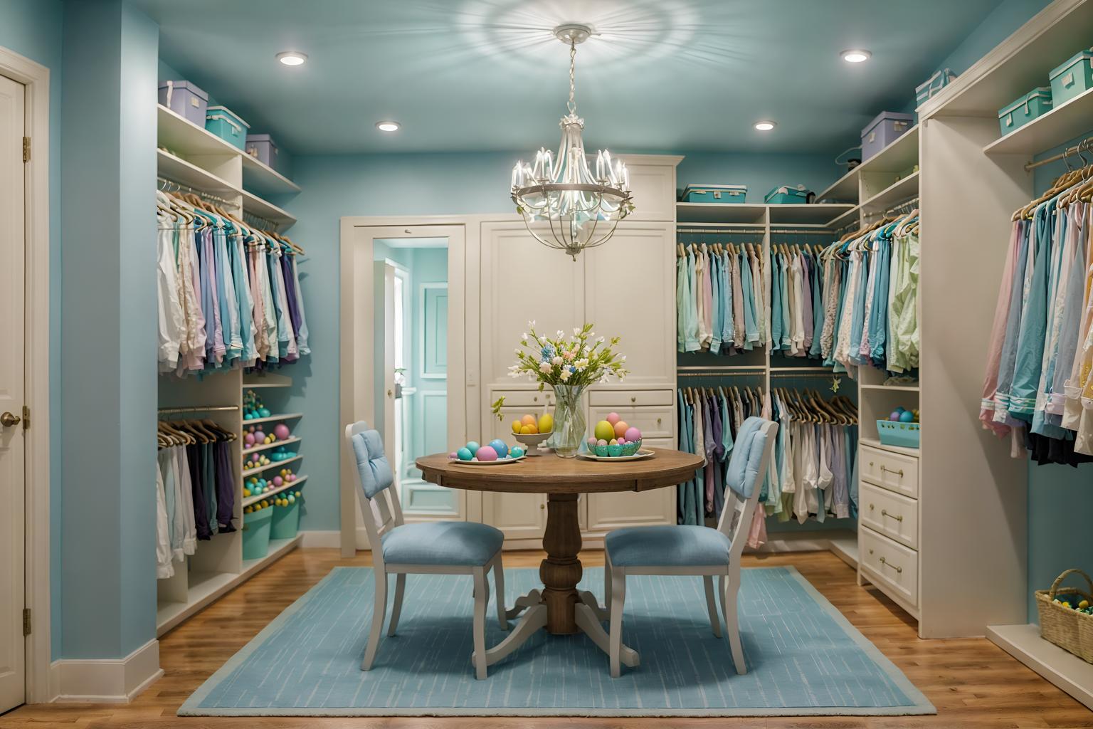 easter-style (walk in closet interior) . with light blue colors and easter decorations and colorful easter eggs and spring decorations and flowers on table and light blue colors. . cinematic photo, highly detailed, cinematic lighting, ultra-detailed, ultrarealistic, photorealism, 8k. easter interior design style. masterpiece, cinematic light, ultrarealistic+, photorealistic+, 8k, raw photo, realistic, sharp focus on eyes, (symmetrical eyes), (intact eyes), hyperrealistic, highest quality, best quality, , highly detailed, masterpiece, best quality, extremely detailed 8k wallpaper, masterpiece, best quality, ultra-detailed, best shadow, detailed background, detailed face, detailed eyes, high contrast, best illumination, detailed face, dulux, caustic, dynamic angle, detailed glow. dramatic lighting. highly detailed, insanely detailed hair, symmetrical, intricate details, professionally retouched, 8k high definition. strong bokeh. award winning photo.