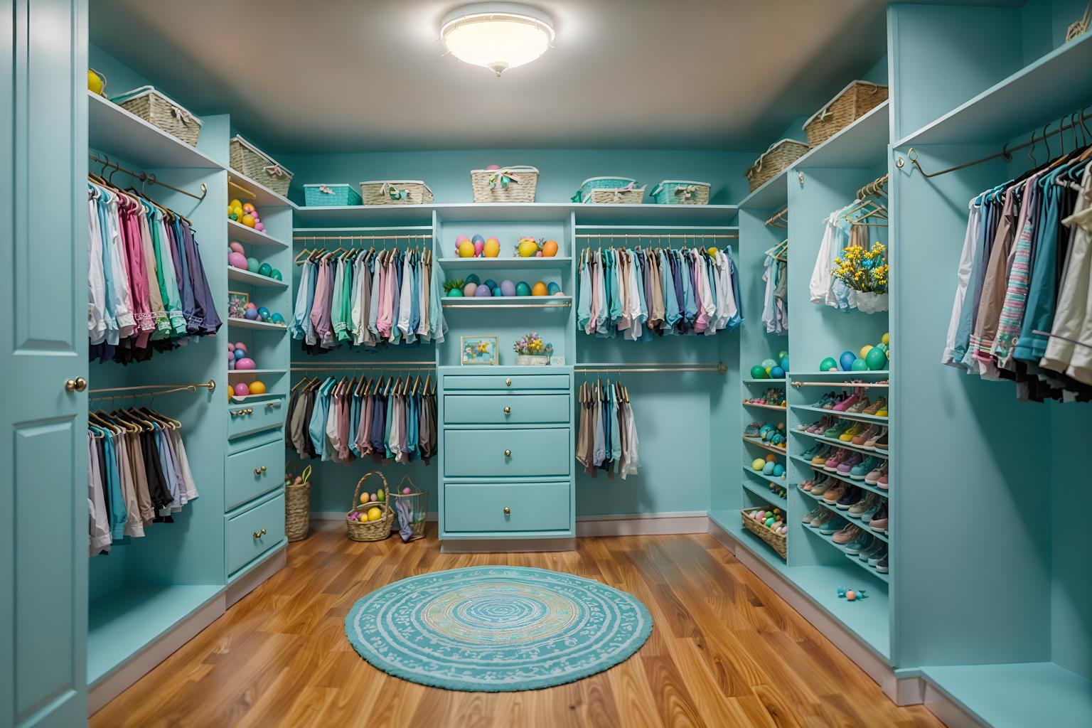 easter-style (walk in closet interior) . with light blue colors and easter decorations and colorful easter eggs and spring decorations and flowers on table and light blue colors. . cinematic photo, highly detailed, cinematic lighting, ultra-detailed, ultrarealistic, photorealism, 8k. easter interior design style. masterpiece, cinematic light, ultrarealistic+, photorealistic+, 8k, raw photo, realistic, sharp focus on eyes, (symmetrical eyes), (intact eyes), hyperrealistic, highest quality, best quality, , highly detailed, masterpiece, best quality, extremely detailed 8k wallpaper, masterpiece, best quality, ultra-detailed, best shadow, detailed background, detailed face, detailed eyes, high contrast, best illumination, detailed face, dulux, caustic, dynamic angle, detailed glow. dramatic lighting. highly detailed, insanely detailed hair, symmetrical, intricate details, professionally retouched, 8k high definition. strong bokeh. award winning photo.