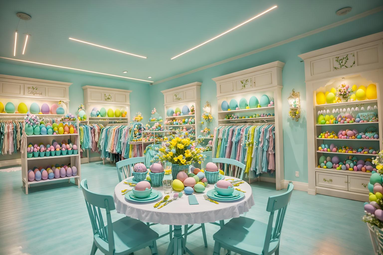 easter-style (clothing store interior) . with light blue colors and easter decorations and colorful easter eggs and spring decorations and flowers on table and light blue colors. . cinematic photo, highly detailed, cinematic lighting, ultra-detailed, ultrarealistic, photorealism, 8k. easter interior design style. masterpiece, cinematic light, ultrarealistic+, photorealistic+, 8k, raw photo, realistic, sharp focus on eyes, (symmetrical eyes), (intact eyes), hyperrealistic, highest quality, best quality, , highly detailed, masterpiece, best quality, extremely detailed 8k wallpaper, masterpiece, best quality, ultra-detailed, best shadow, detailed background, detailed face, detailed eyes, high contrast, best illumination, detailed face, dulux, caustic, dynamic angle, detailed glow. dramatic lighting. highly detailed, insanely detailed hair, symmetrical, intricate details, professionally retouched, 8k high definition. strong bokeh. award winning photo.