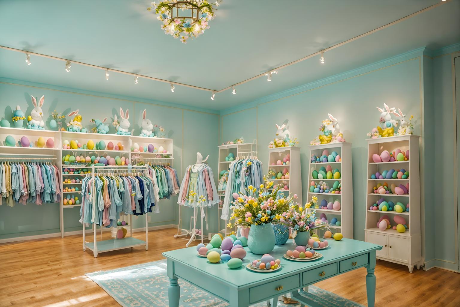 easter-style (clothing store interior) . with light blue colors and easter decorations and colorful easter eggs and spring decorations and flowers on table and light blue colors. . cinematic photo, highly detailed, cinematic lighting, ultra-detailed, ultrarealistic, photorealism, 8k. easter interior design style. masterpiece, cinematic light, ultrarealistic+, photorealistic+, 8k, raw photo, realistic, sharp focus on eyes, (symmetrical eyes), (intact eyes), hyperrealistic, highest quality, best quality, , highly detailed, masterpiece, best quality, extremely detailed 8k wallpaper, masterpiece, best quality, ultra-detailed, best shadow, detailed background, detailed face, detailed eyes, high contrast, best illumination, detailed face, dulux, caustic, dynamic angle, detailed glow. dramatic lighting. highly detailed, insanely detailed hair, symmetrical, intricate details, professionally retouched, 8k high definition. strong bokeh. award winning photo.