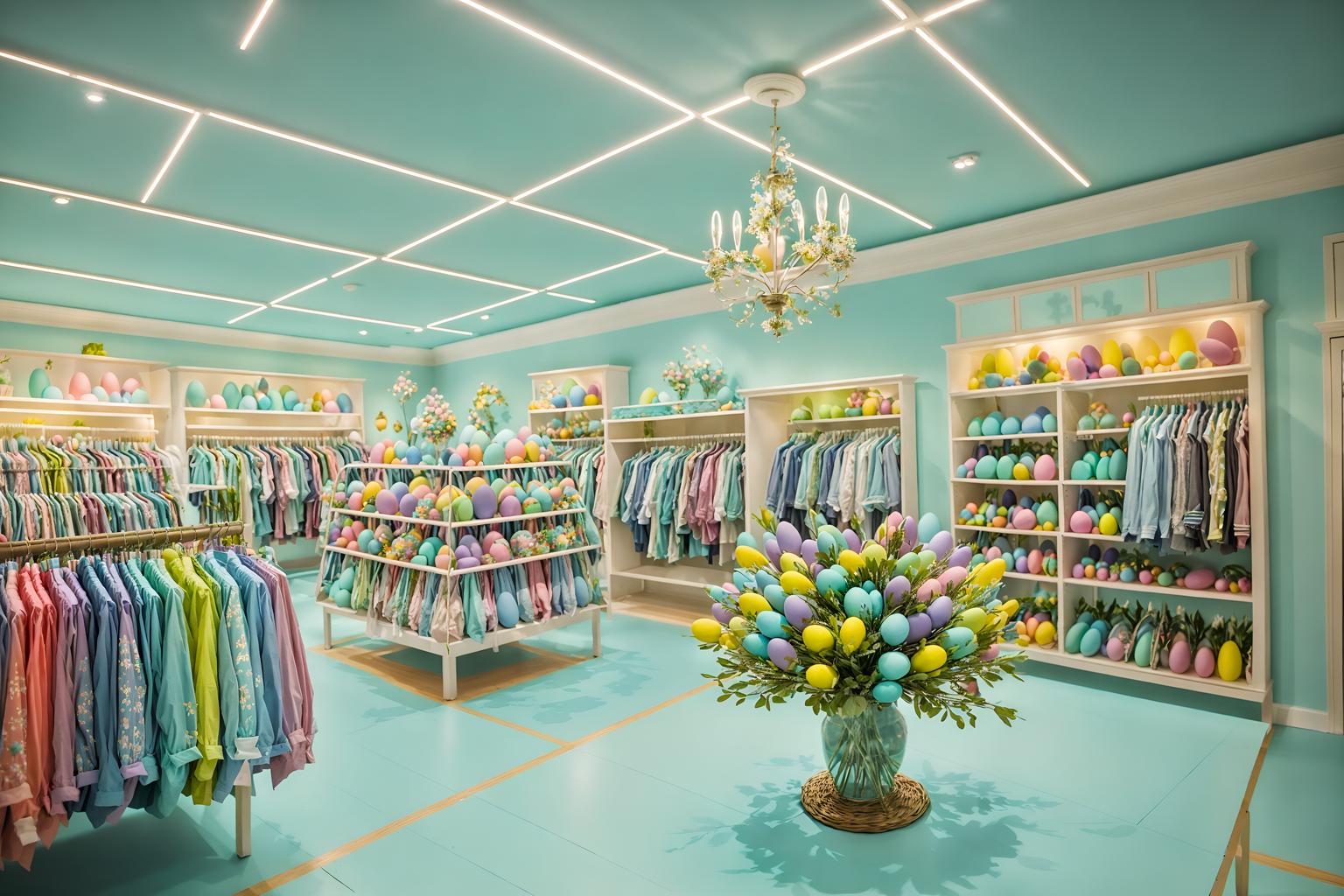 easter-style (clothing store interior) . with light blue colors and easter decorations and colorful easter eggs and spring decorations and flowers on table and light blue colors. . cinematic photo, highly detailed, cinematic lighting, ultra-detailed, ultrarealistic, photorealism, 8k. easter interior design style. masterpiece, cinematic light, ultrarealistic+, photorealistic+, 8k, raw photo, realistic, sharp focus on eyes, (symmetrical eyes), (intact eyes), hyperrealistic, highest quality, best quality, , highly detailed, masterpiece, best quality, extremely detailed 8k wallpaper, masterpiece, best quality, ultra-detailed, best shadow, detailed background, detailed face, detailed eyes, high contrast, best illumination, detailed face, dulux, caustic, dynamic angle, detailed glow. dramatic lighting. highly detailed, insanely detailed hair, symmetrical, intricate details, professionally retouched, 8k high definition. strong bokeh. award winning photo.