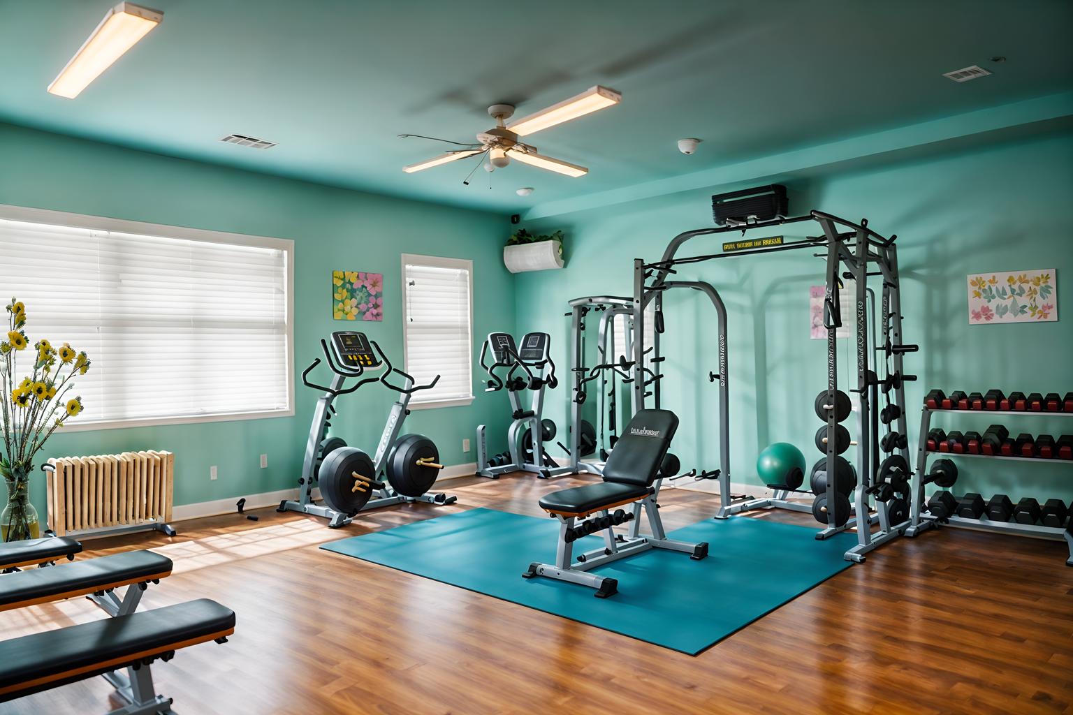 easter-style (fitness gym interior) with dumbbell stand and bench press and crosstrainer and exercise bicycle and squat rack and dumbbell stand. . with flowers on table and spring decorations and colorful easter eggs and easter decorations and light blue colors and flowers on table. . cinematic photo, highly detailed, cinematic lighting, ultra-detailed, ultrarealistic, photorealism, 8k. easter interior design style. masterpiece, cinematic light, ultrarealistic+, photorealistic+, 8k, raw photo, realistic, sharp focus on eyes, (symmetrical eyes), (intact eyes), hyperrealistic, highest quality, best quality, , highly detailed, masterpiece, best quality, extremely detailed 8k wallpaper, masterpiece, best quality, ultra-detailed, best shadow, detailed background, detailed face, detailed eyes, high contrast, best illumination, detailed face, dulux, caustic, dynamic angle, detailed glow. dramatic lighting. highly detailed, insanely detailed hair, symmetrical, intricate details, professionally retouched, 8k high definition. strong bokeh. award winning photo.