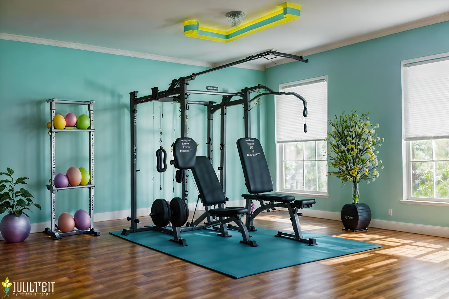 easter-style (fitness gym interior) with dumbbell stand and bench press and crosstrainer and exercise bicycle and squat rack and dumbbell stand. . with flowers on table and spring decorations and colorful easter eggs and easter decorations and light blue colors and flowers on table. . cinematic photo, highly detailed, cinematic lighting, ultra-detailed, ultrarealistic, photorealism, 8k. easter interior design style. masterpiece, cinematic light, ultrarealistic+, photorealistic+, 8k, raw photo, realistic, sharp focus on eyes, (symmetrical eyes), (intact eyes), hyperrealistic, highest quality, best quality, , highly detailed, masterpiece, best quality, extremely detailed 8k wallpaper, masterpiece, best quality, ultra-detailed, best shadow, detailed background, detailed face, detailed eyes, high contrast, best illumination, detailed face, dulux, caustic, dynamic angle, detailed glow. dramatic lighting. highly detailed, insanely detailed hair, symmetrical, intricate details, professionally retouched, 8k high definition. strong bokeh. award winning photo.