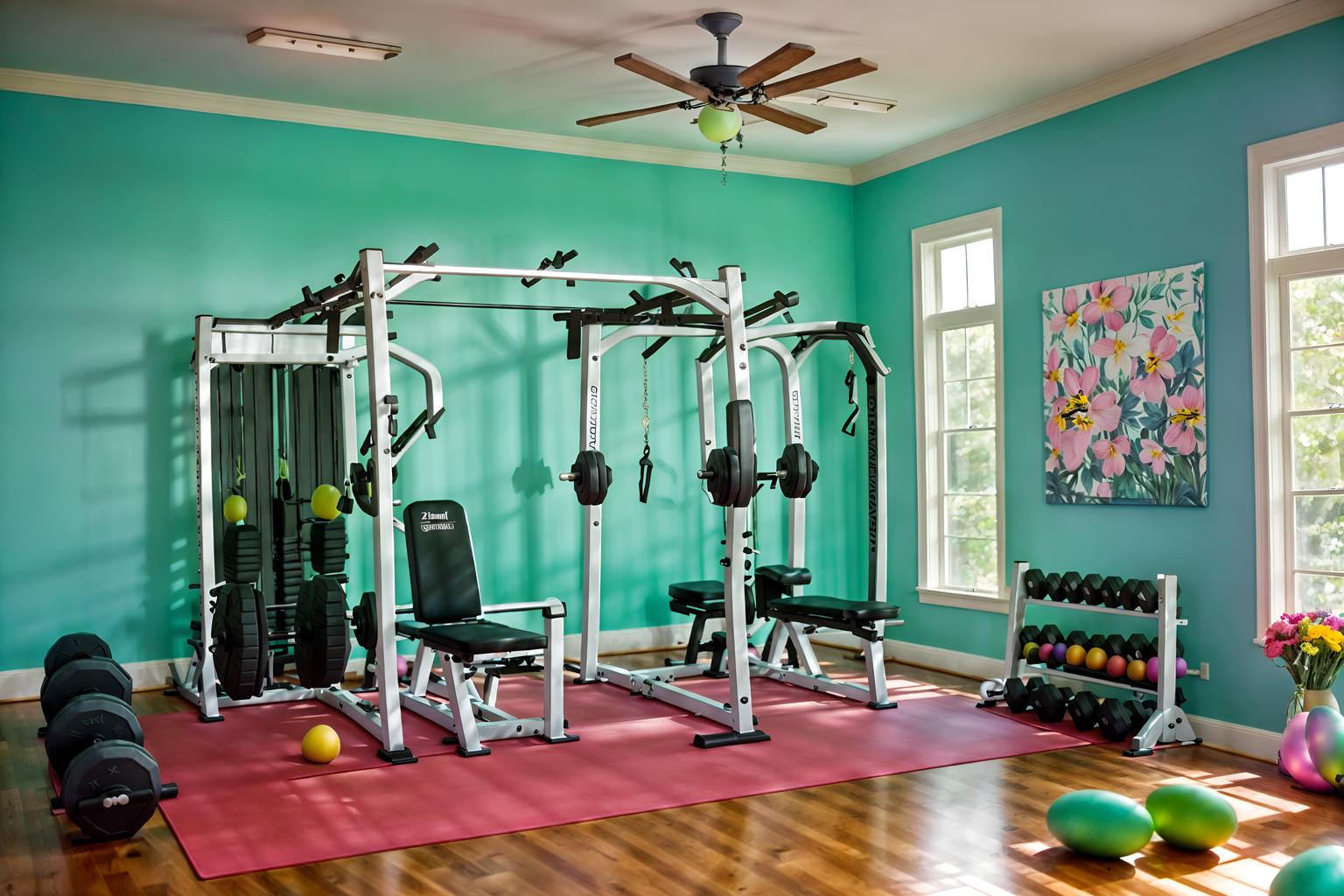 easter-style (fitness gym interior) with dumbbell stand and bench press and crosstrainer and exercise bicycle and squat rack and dumbbell stand. . with flowers on table and spring decorations and colorful easter eggs and easter decorations and light blue colors and flowers on table. . cinematic photo, highly detailed, cinematic lighting, ultra-detailed, ultrarealistic, photorealism, 8k. easter interior design style. masterpiece, cinematic light, ultrarealistic+, photorealistic+, 8k, raw photo, realistic, sharp focus on eyes, (symmetrical eyes), (intact eyes), hyperrealistic, highest quality, best quality, , highly detailed, masterpiece, best quality, extremely detailed 8k wallpaper, masterpiece, best quality, ultra-detailed, best shadow, detailed background, detailed face, detailed eyes, high contrast, best illumination, detailed face, dulux, caustic, dynamic angle, detailed glow. dramatic lighting. highly detailed, insanely detailed hair, symmetrical, intricate details, professionally retouched, 8k high definition. strong bokeh. award winning photo.