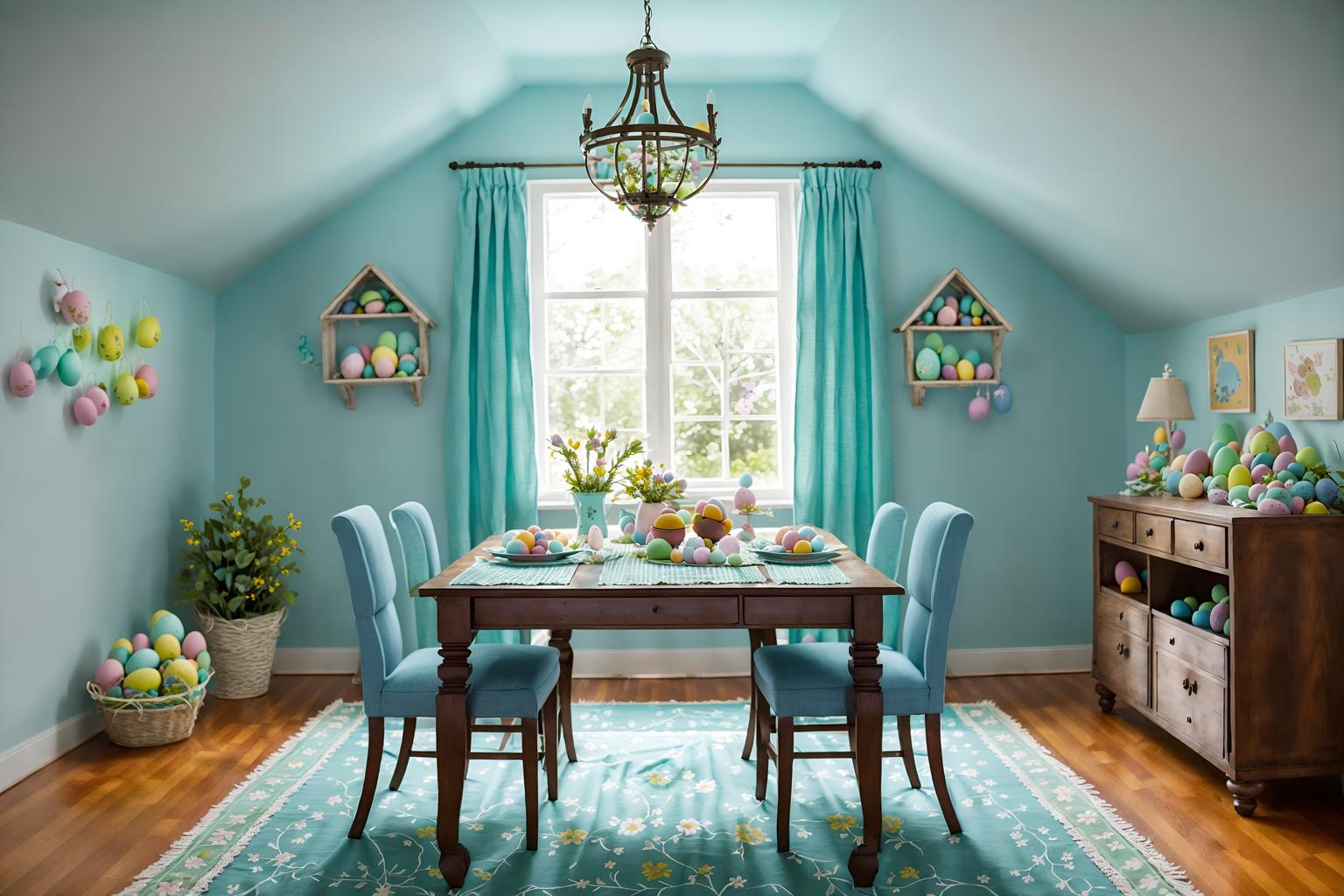 easter-style (attic interior) . with easter decorations and light blue colors and colorful easter eggs and spring decorations and flowers on table and easter decorations. . cinematic photo, highly detailed, cinematic lighting, ultra-detailed, ultrarealistic, photorealism, 8k. easter interior design style. masterpiece, cinematic light, ultrarealistic+, photorealistic+, 8k, raw photo, realistic, sharp focus on eyes, (symmetrical eyes), (intact eyes), hyperrealistic, highest quality, best quality, , highly detailed, masterpiece, best quality, extremely detailed 8k wallpaper, masterpiece, best quality, ultra-detailed, best shadow, detailed background, detailed face, detailed eyes, high contrast, best illumination, detailed face, dulux, caustic, dynamic angle, detailed glow. dramatic lighting. highly detailed, insanely detailed hair, symmetrical, intricate details, professionally retouched, 8k high definition. strong bokeh. award winning photo.