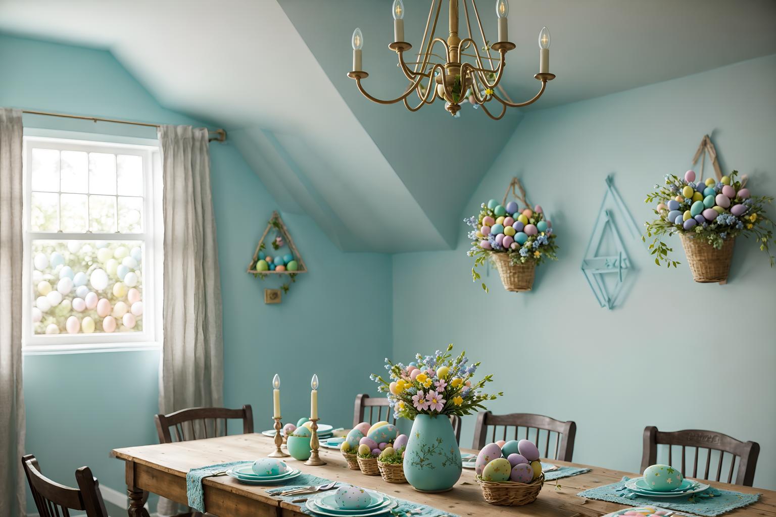 easter-style (attic interior) . with easter decorations and light blue colors and colorful easter eggs and spring decorations and flowers on table and easter decorations. . cinematic photo, highly detailed, cinematic lighting, ultra-detailed, ultrarealistic, photorealism, 8k. easter interior design style. masterpiece, cinematic light, ultrarealistic+, photorealistic+, 8k, raw photo, realistic, sharp focus on eyes, (symmetrical eyes), (intact eyes), hyperrealistic, highest quality, best quality, , highly detailed, masterpiece, best quality, extremely detailed 8k wallpaper, masterpiece, best quality, ultra-detailed, best shadow, detailed background, detailed face, detailed eyes, high contrast, best illumination, detailed face, dulux, caustic, dynamic angle, detailed glow. dramatic lighting. highly detailed, insanely detailed hair, symmetrical, intricate details, professionally retouched, 8k high definition. strong bokeh. award winning photo.