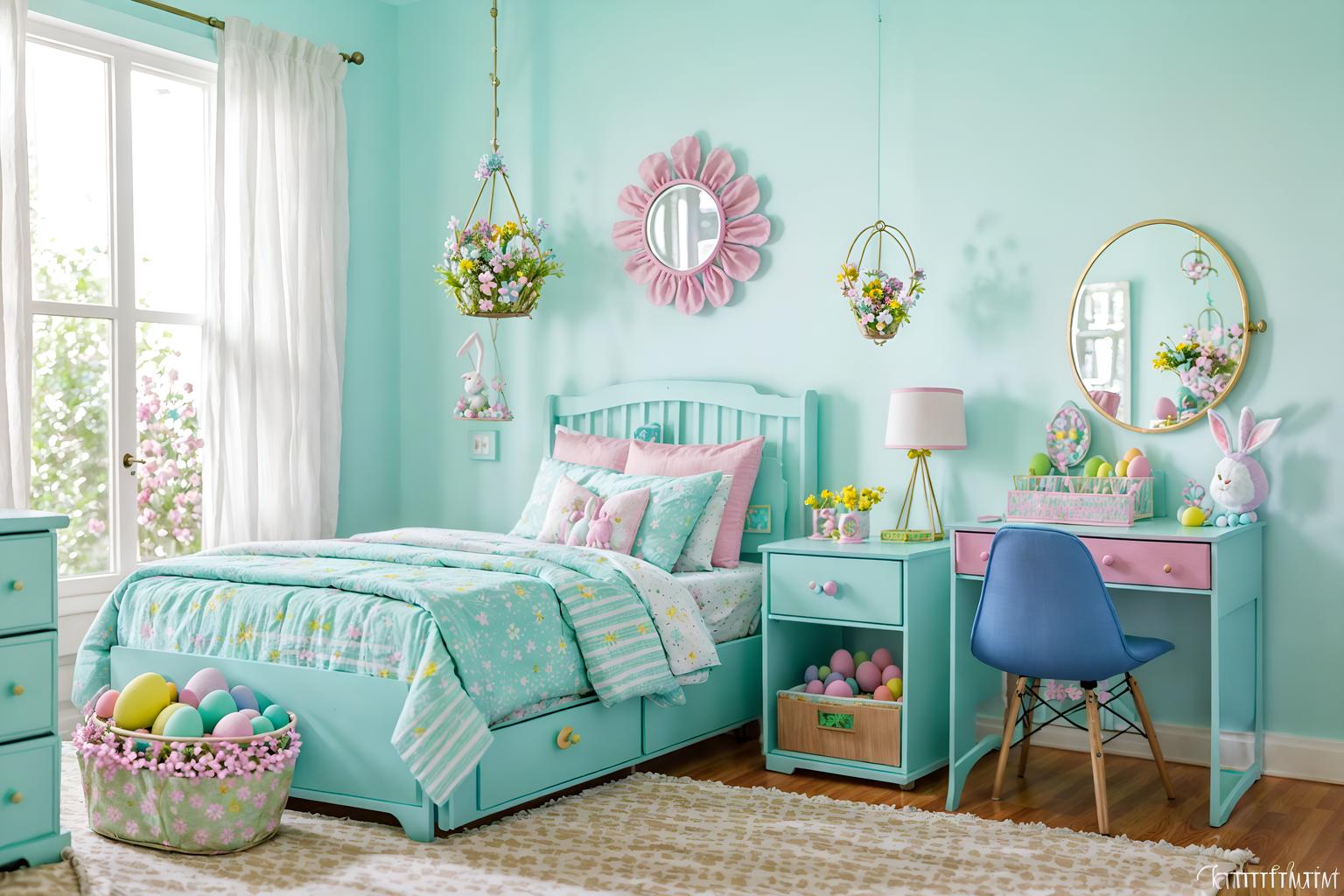 easter-style (kids room interior) with bedside table or night stand and mirror and night light and headboard and accent chair and plant and kids desk and storage bench or ottoman. . with easter decorations and colorful easter eggs and light blue colors and spring decorations and flowers on table and easter decorations. . cinematic photo, highly detailed, cinematic lighting, ultra-detailed, ultrarealistic, photorealism, 8k. easter interior design style. masterpiece, cinematic light, ultrarealistic+, photorealistic+, 8k, raw photo, realistic, sharp focus on eyes, (symmetrical eyes), (intact eyes), hyperrealistic, highest quality, best quality, , highly detailed, masterpiece, best quality, extremely detailed 8k wallpaper, masterpiece, best quality, ultra-detailed, best shadow, detailed background, detailed face, detailed eyes, high contrast, best illumination, detailed face, dulux, caustic, dynamic angle, detailed glow. dramatic lighting. highly detailed, insanely detailed hair, symmetrical, intricate details, professionally retouched, 8k high definition. strong bokeh. award winning photo.