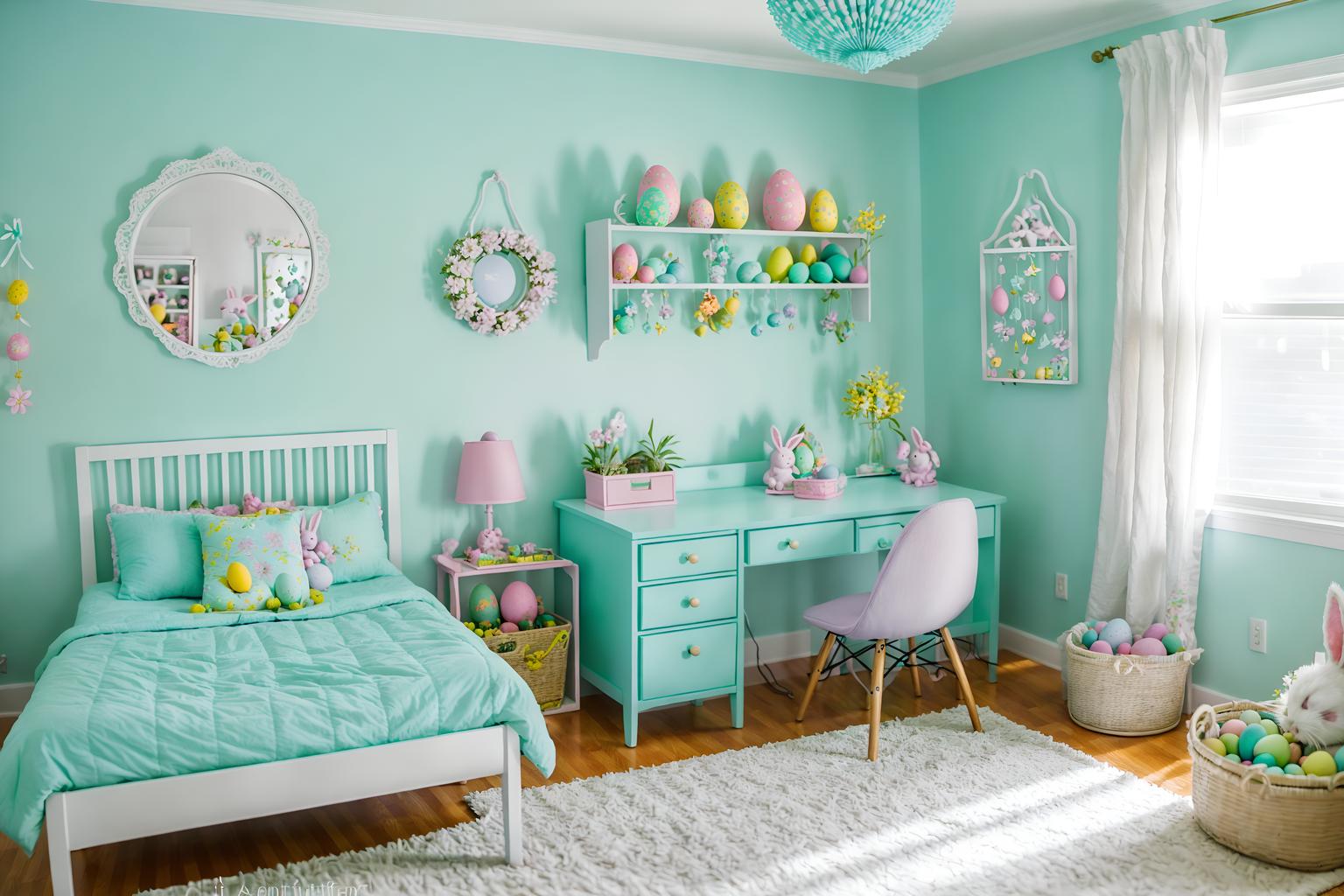 easter-style (kids room interior) with bedside table or night stand and mirror and night light and headboard and accent chair and plant and kids desk and storage bench or ottoman. . with easter decorations and colorful easter eggs and light blue colors and spring decorations and flowers on table and easter decorations. . cinematic photo, highly detailed, cinematic lighting, ultra-detailed, ultrarealistic, photorealism, 8k. easter interior design style. masterpiece, cinematic light, ultrarealistic+, photorealistic+, 8k, raw photo, realistic, sharp focus on eyes, (symmetrical eyes), (intact eyes), hyperrealistic, highest quality, best quality, , highly detailed, masterpiece, best quality, extremely detailed 8k wallpaper, masterpiece, best quality, ultra-detailed, best shadow, detailed background, detailed face, detailed eyes, high contrast, best illumination, detailed face, dulux, caustic, dynamic angle, detailed glow. dramatic lighting. highly detailed, insanely detailed hair, symmetrical, intricate details, professionally retouched, 8k high definition. strong bokeh. award winning photo.